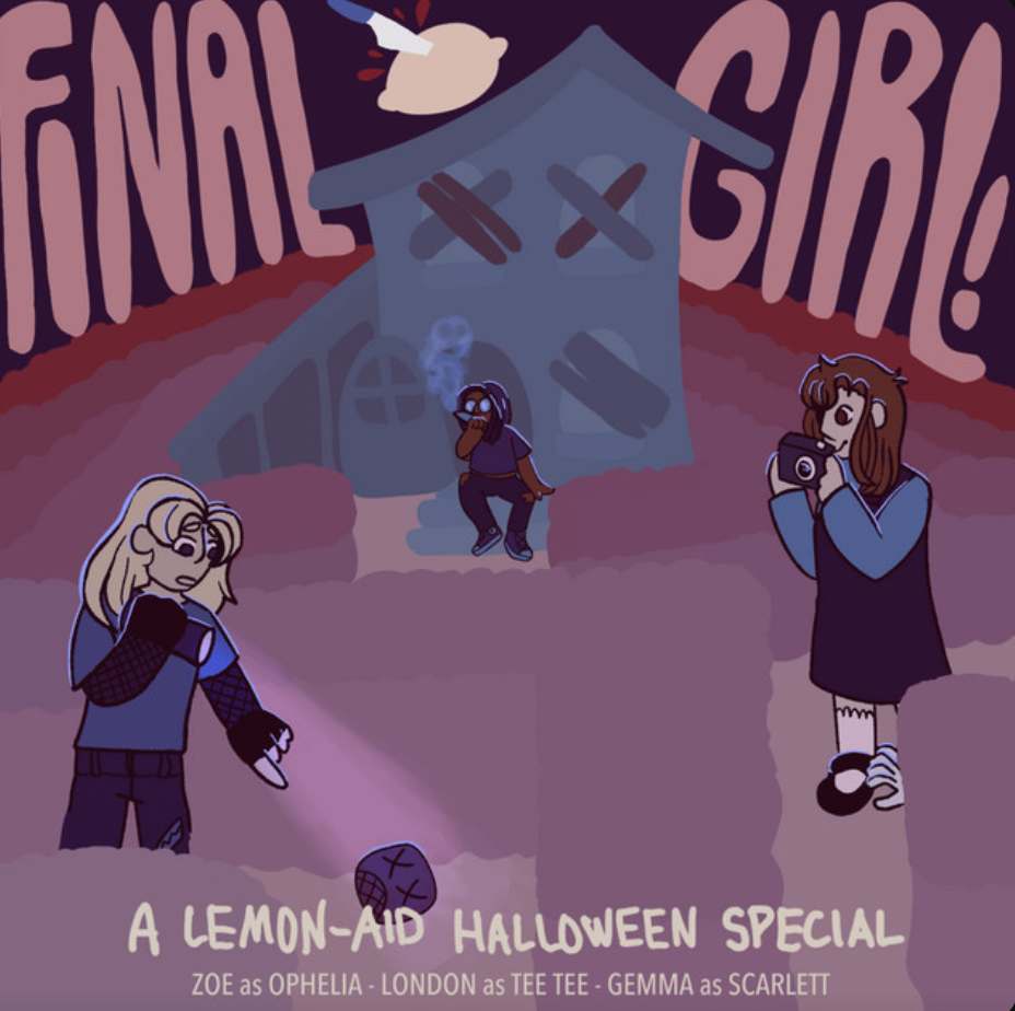 An image of 3 people outside a house and one is pointing at a decapitated marshmallow head