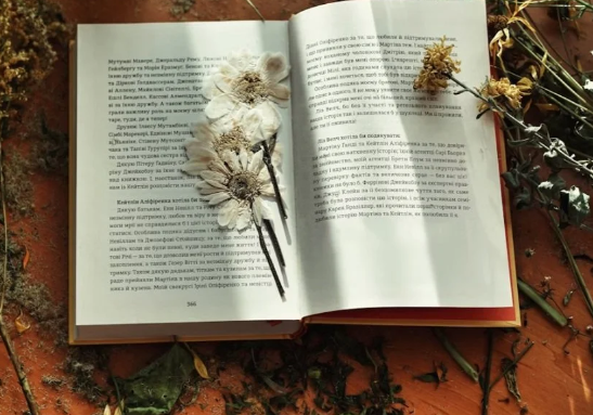 An open book, with pressed flowers inside