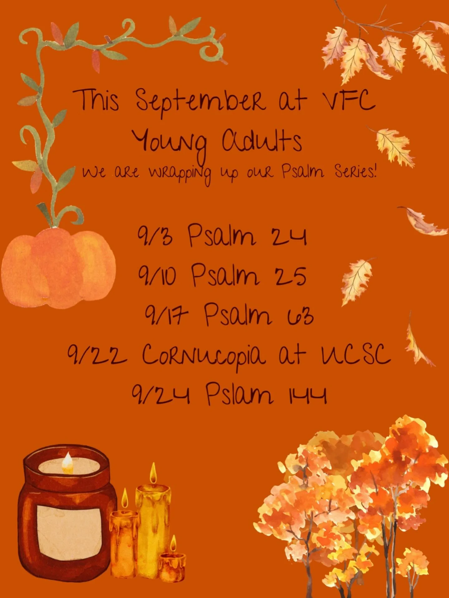 This September at VFC Young Adults we are wrapping up our Psalm series every Wednesday in the @theabbeysc at 7pm! Plus we will be @ucsc this year for CORNUCOPIA!!! More info on that soon to come 💛 
#youngadultsministry #youngadults #vintagefaithchu