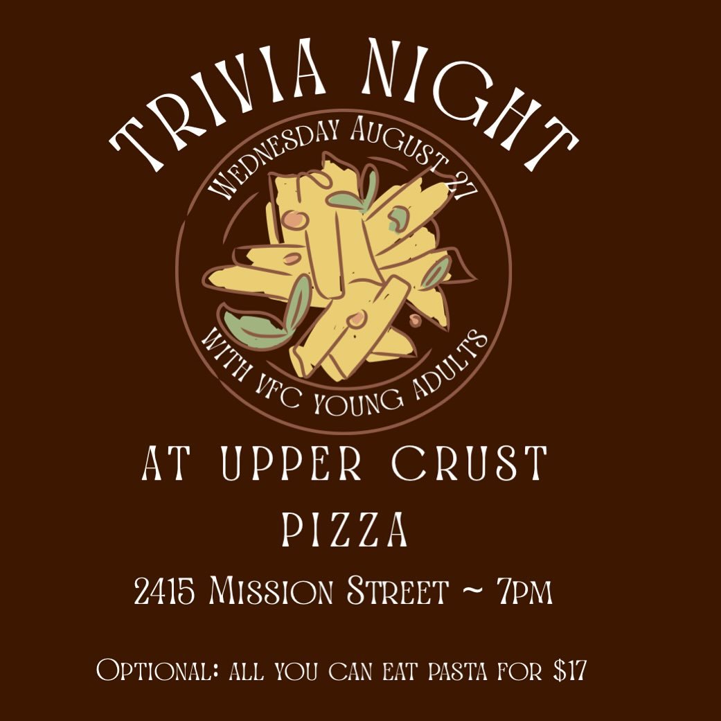 ⭐️Remember! this week we are not meeting in the Abbey instead we will meet at our usual time 7pm… but for Trivia @uppercrustsantacruz 
Join us for community, fun, and competition!!! 😆 #youngadultsministry #trivianight #santacruz #vfyoungadult