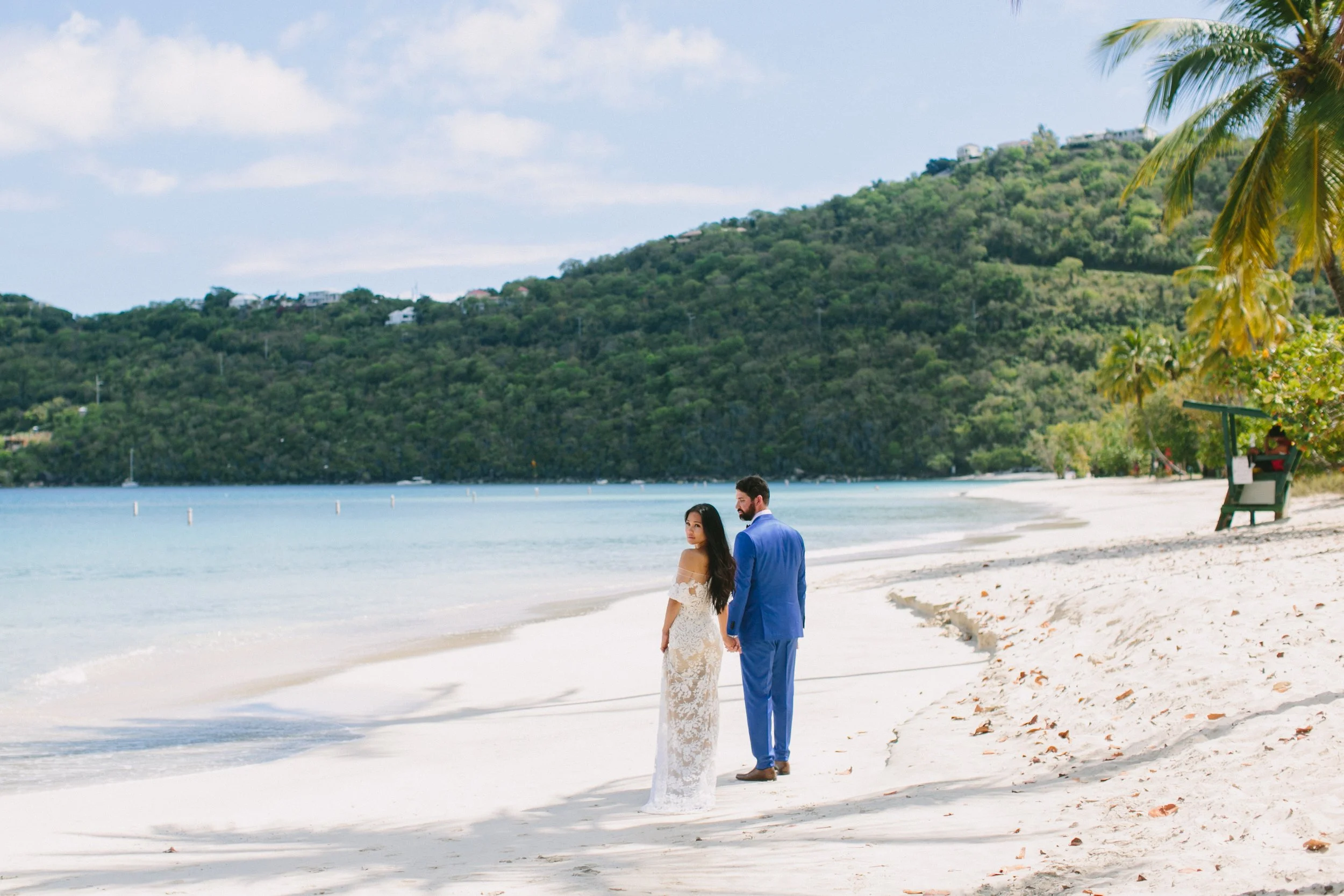Destination Beach Wedding on St Thomas, US Virgin Islands, Bride and Groom, morning beach wedding