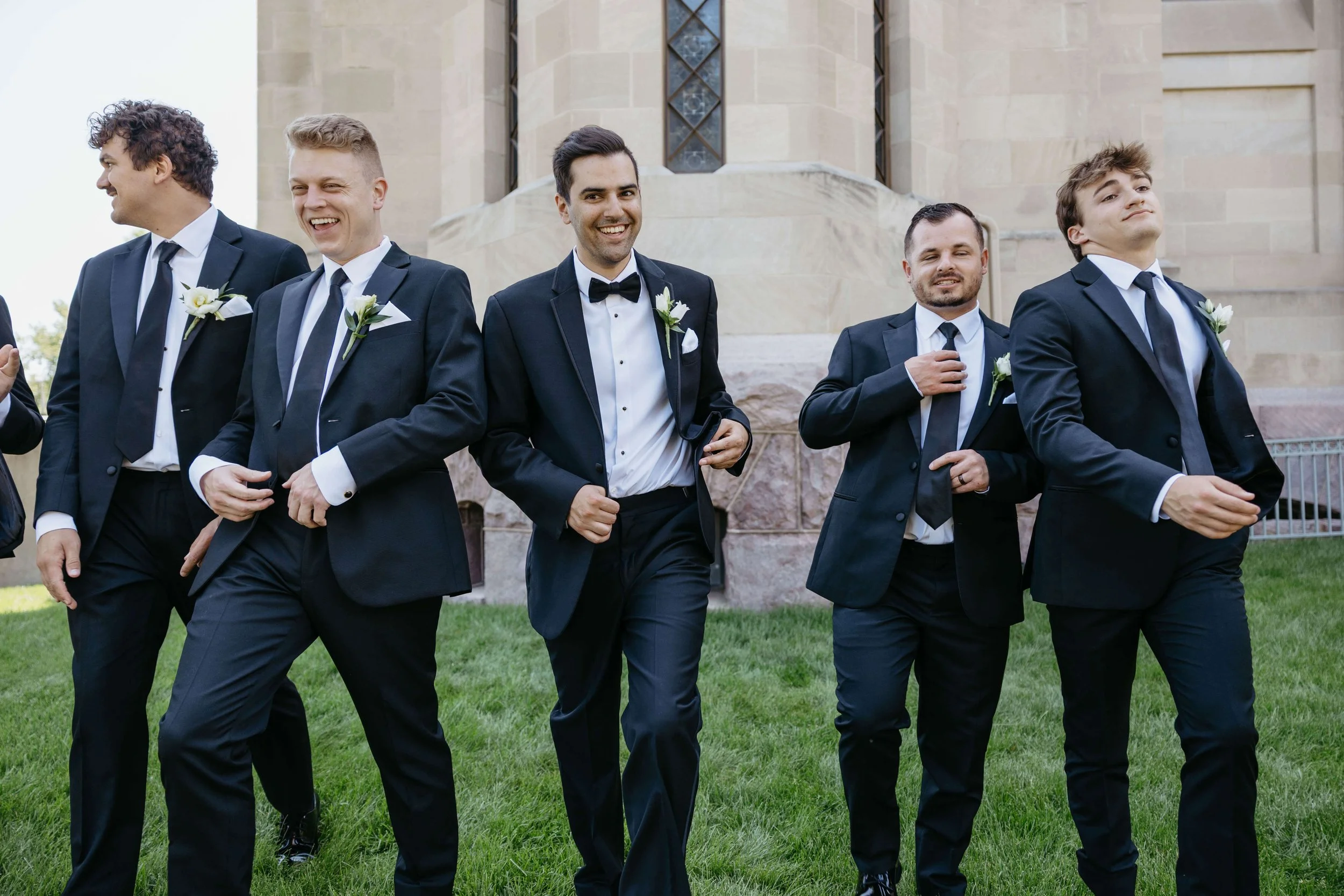 Groomsmen photos outside of St. Joesphs Cathedral in Sioux Falls. 