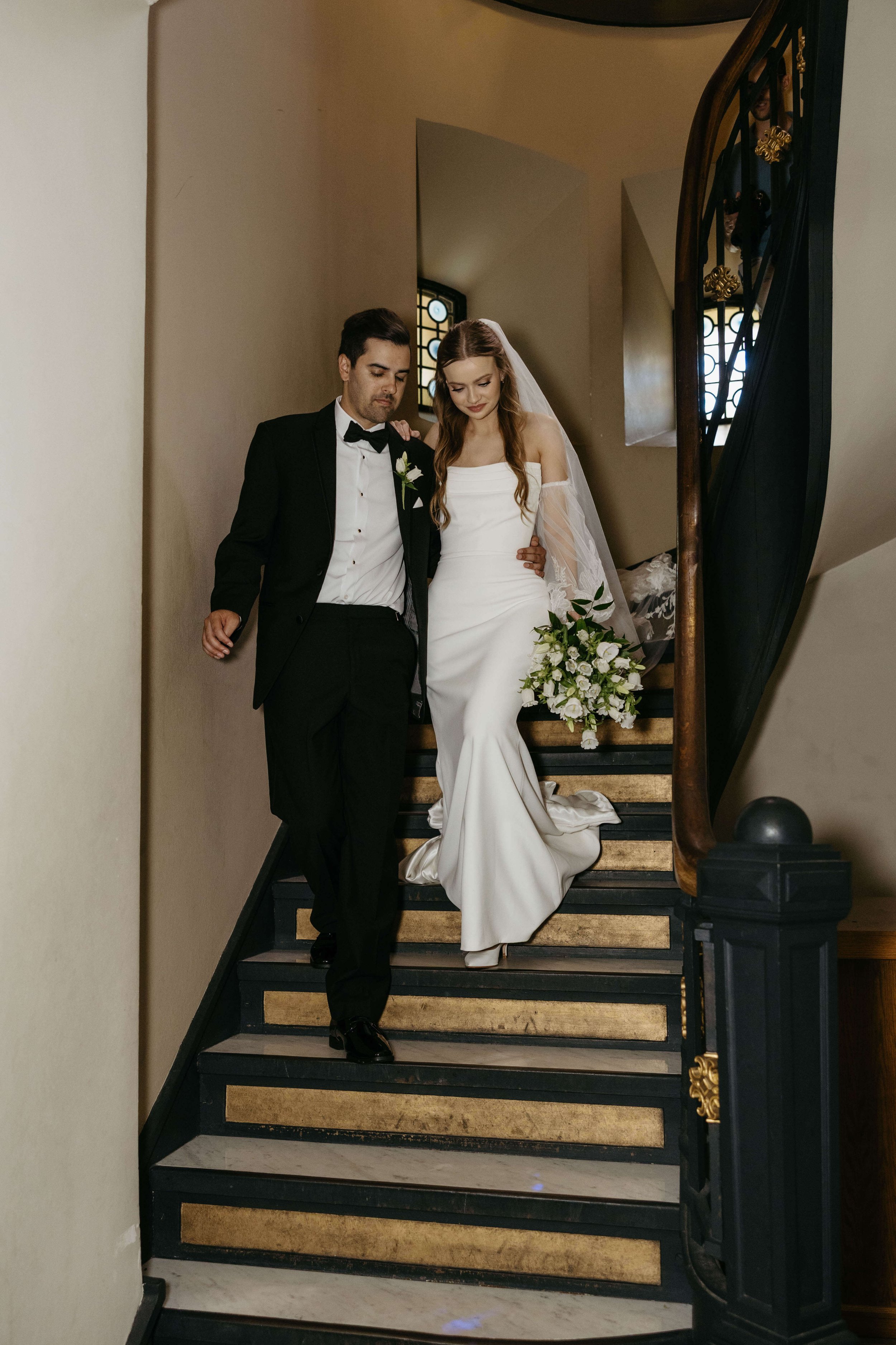 Couple on their wedding day at St. Josephs Cathedral in historic district of downtown Sioux Falls.