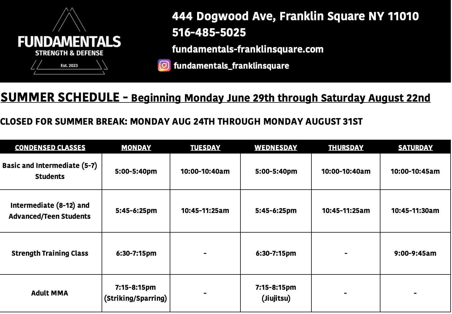 2026 CONDENSED SUMMER SCHEDULE