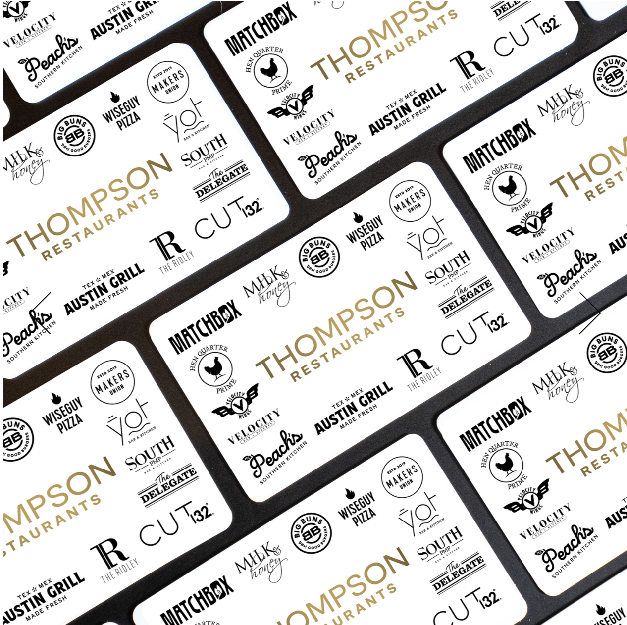 Repeating collage of restaurant logos including Thompson Restaurants, Matchbox, Austin Grill, Cut 132, and other brand marks on a white background.
