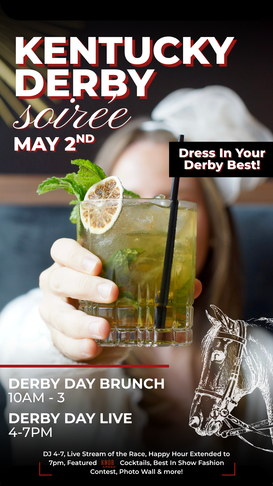 Promotional flyer for a Kentucky Derby Soiree on May 2, featuring a hand holding a mint julep cocktail, event times for Derby Day Brunch and live race viewing, and “Dress in Your Derby Best.