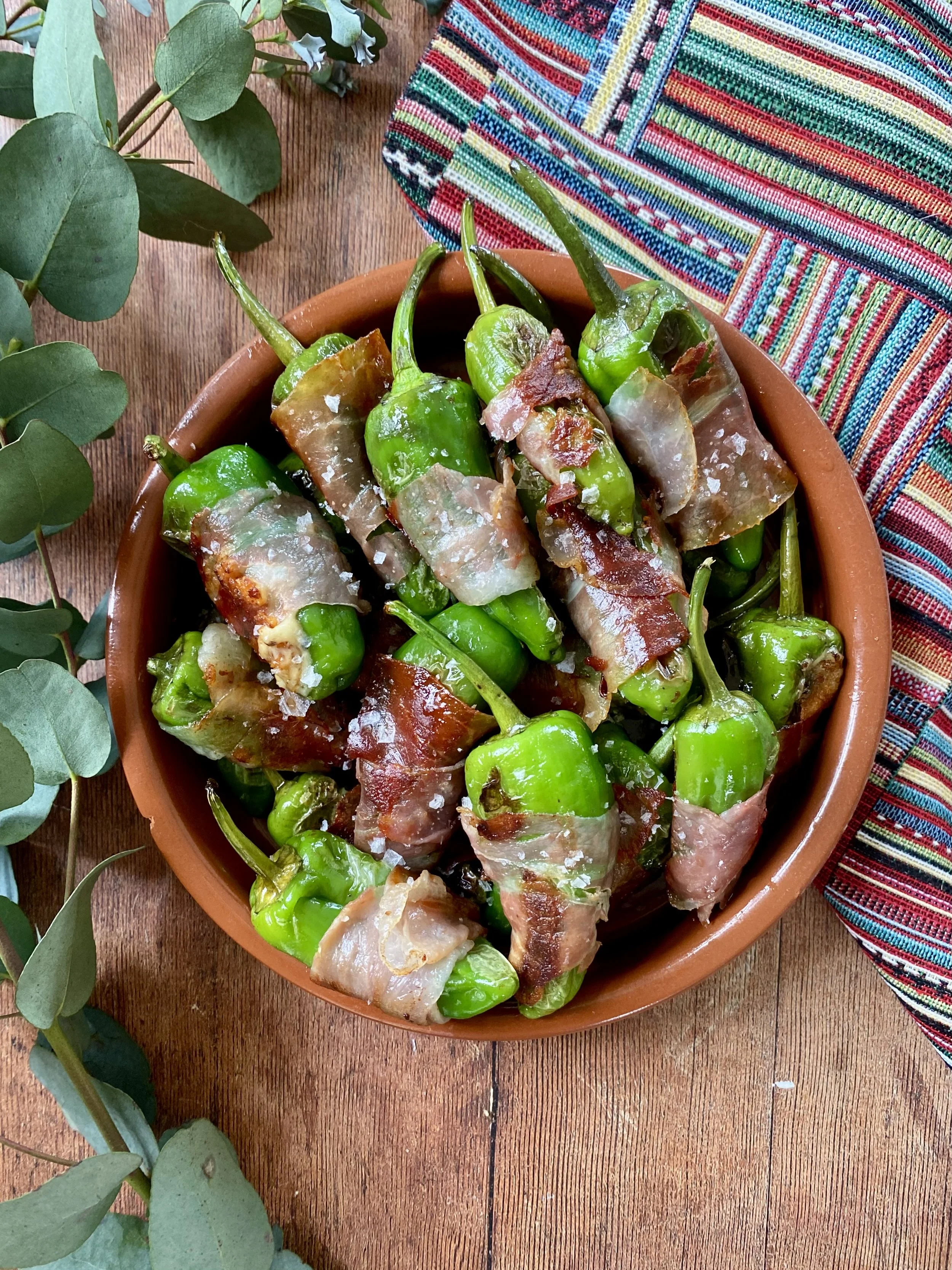 Cheese Stuffed Padron Peppers Wrapped with Prosciutto