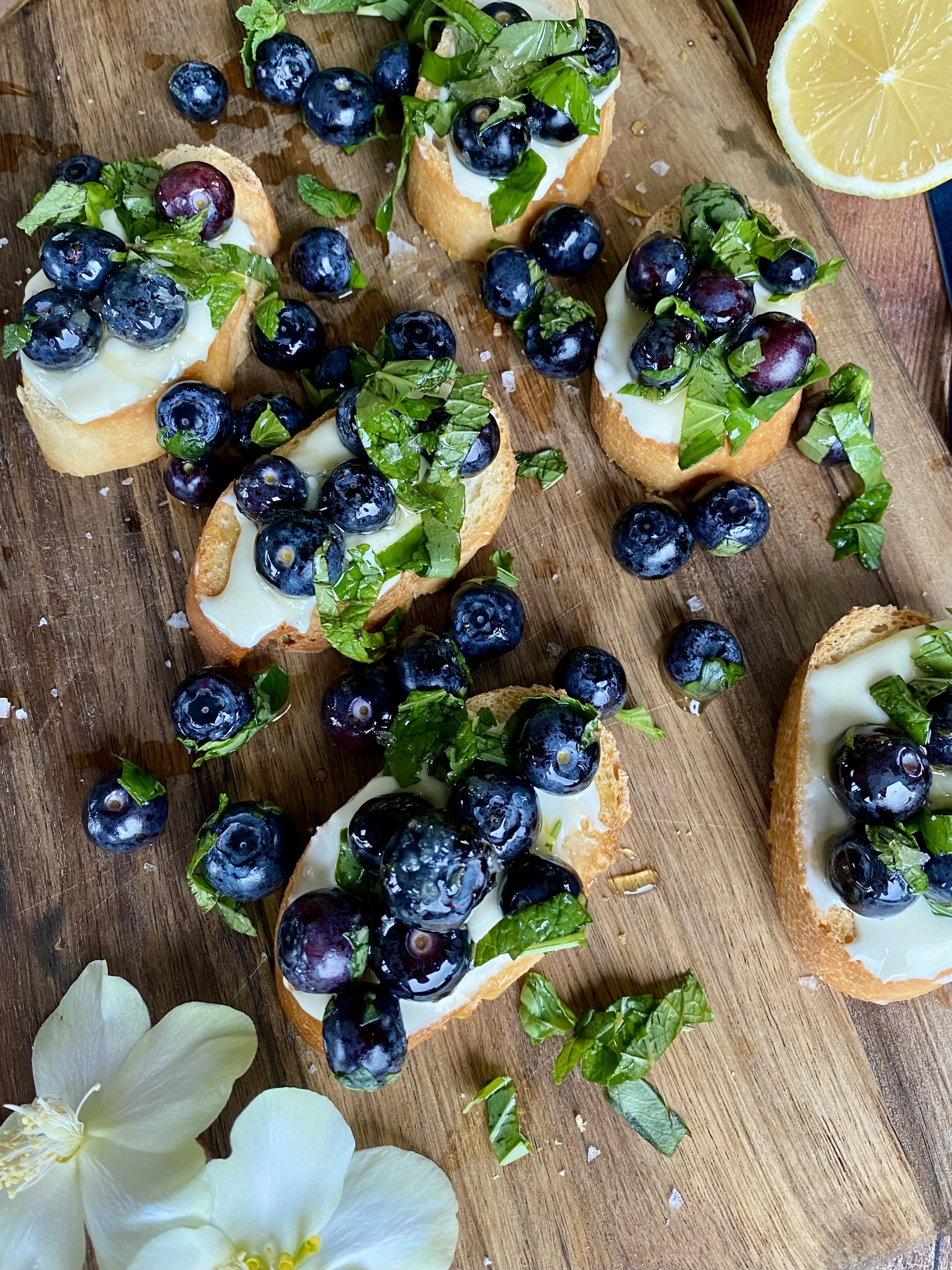 Blueberry Basil Mint Whipped Brie Cheese Crostini