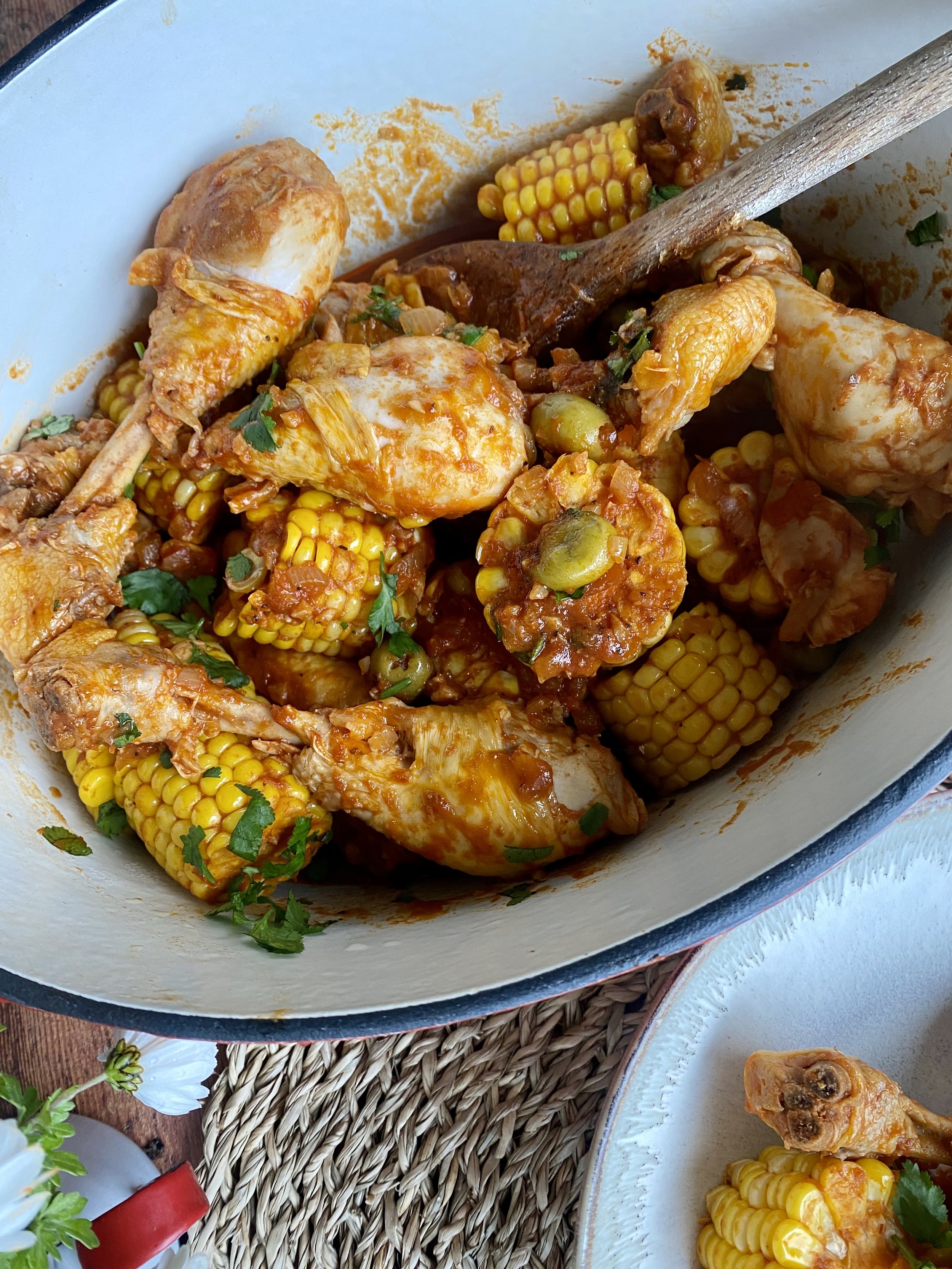 Beer Braised Chicken Drumsticks with Olives &amp; Corn