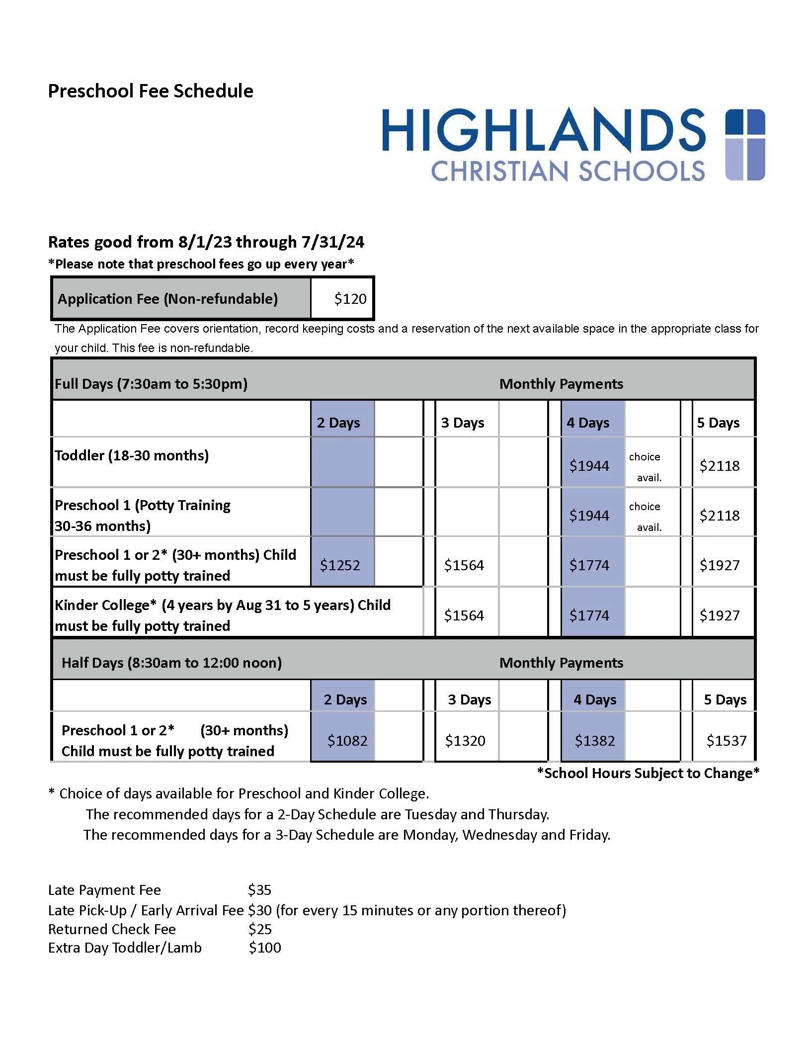 18 Months PreK Fees — Highlands Christian School 18 Months PreK Fees — Highlands Christian School