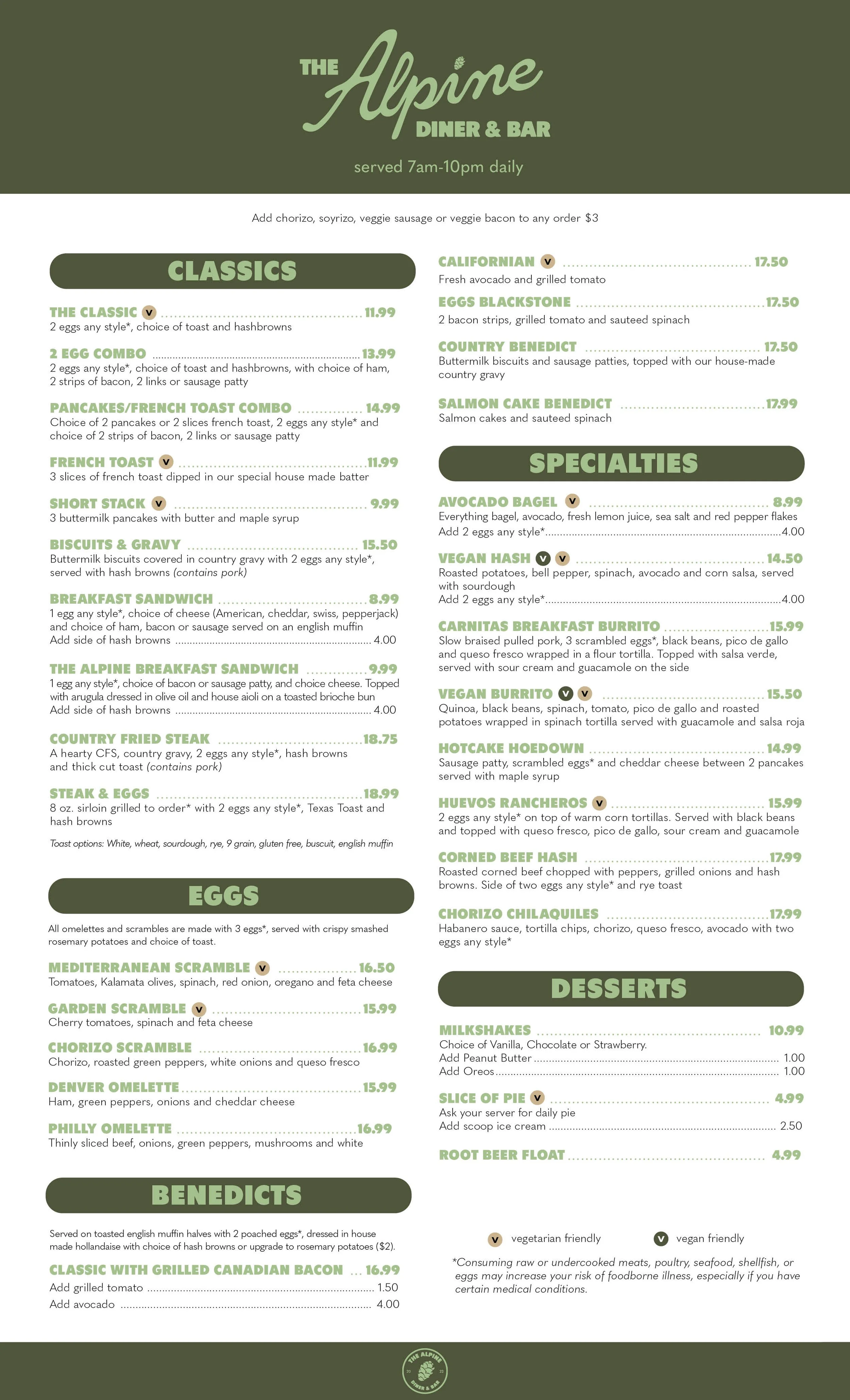 Food Menu — The Alpine Diner — The Alpine Diner