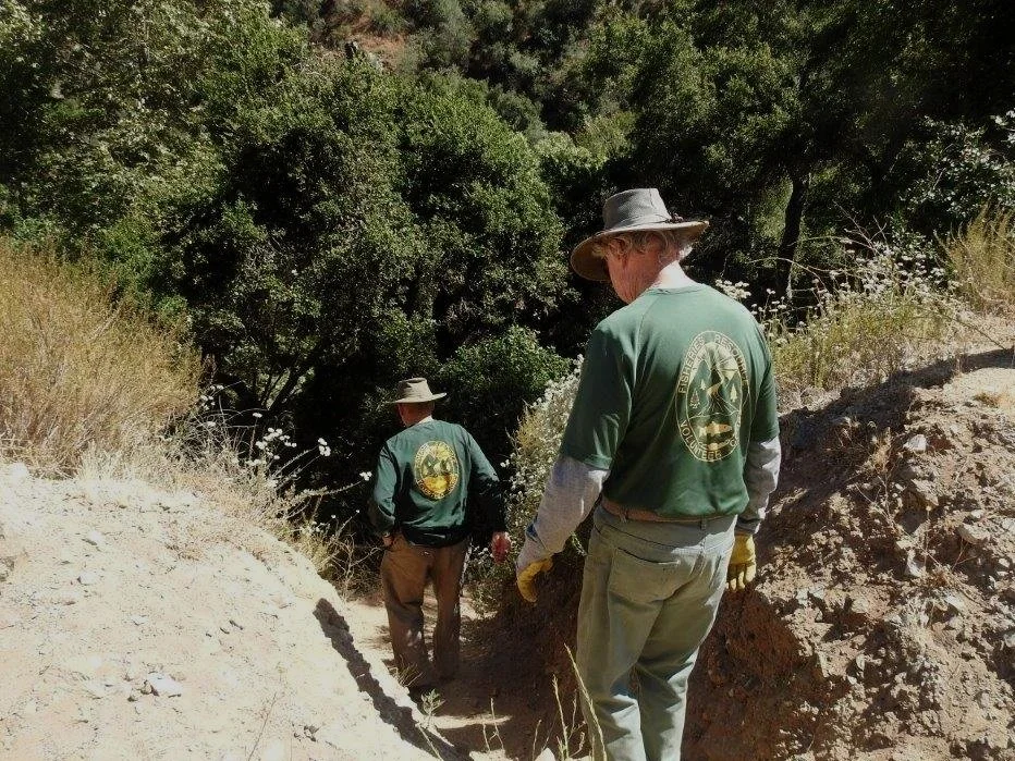 Volunteers survey a slope along a stream in the san gabriel mountains. These are U.S. Forest Service Volunteers hard at work in the Angeles National Monument.