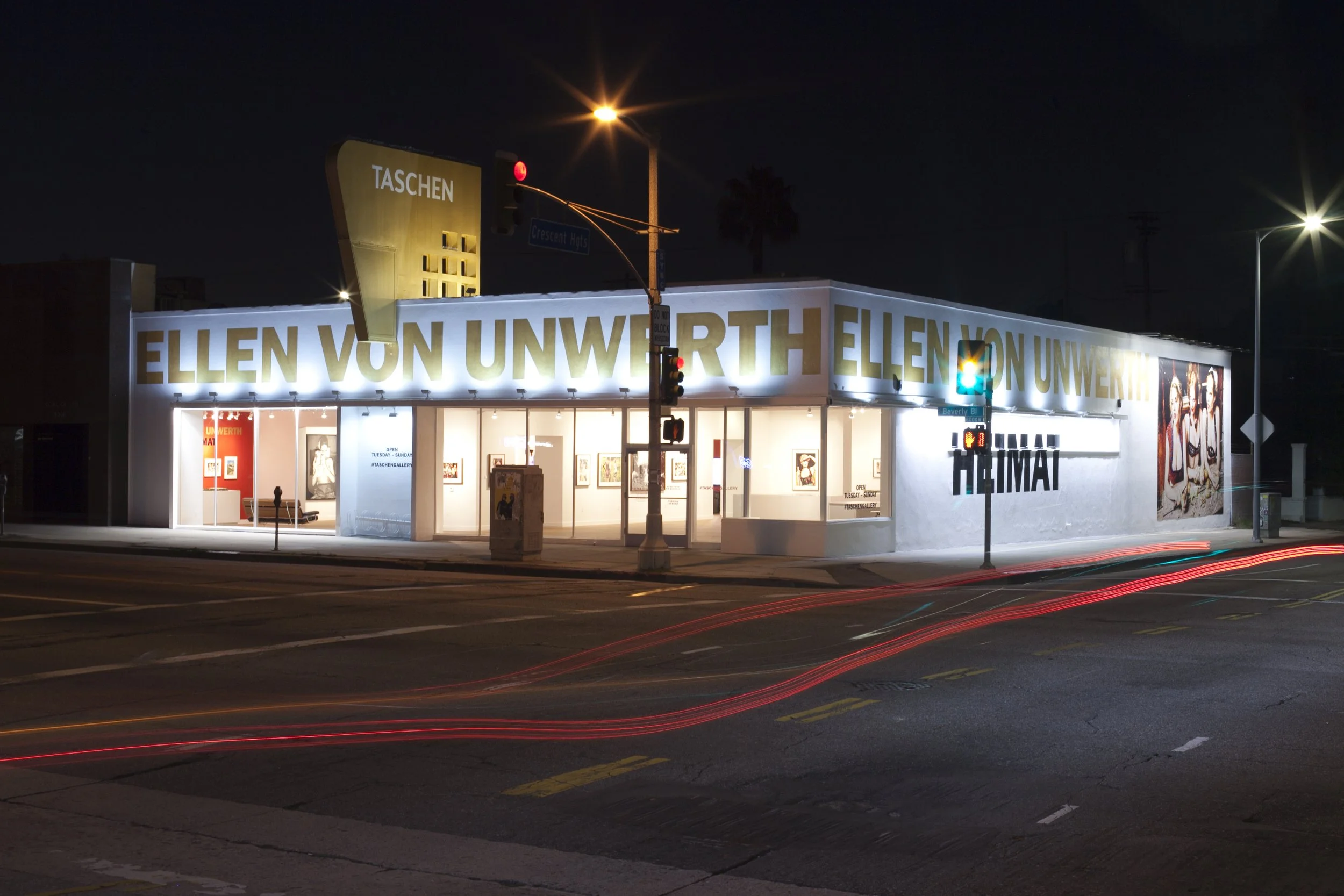 TASCHEN Gallery Los Angeles featuring Ellen von Unwerth: Heimat exhibition. Exterior photograph by Gregory Bojorquez