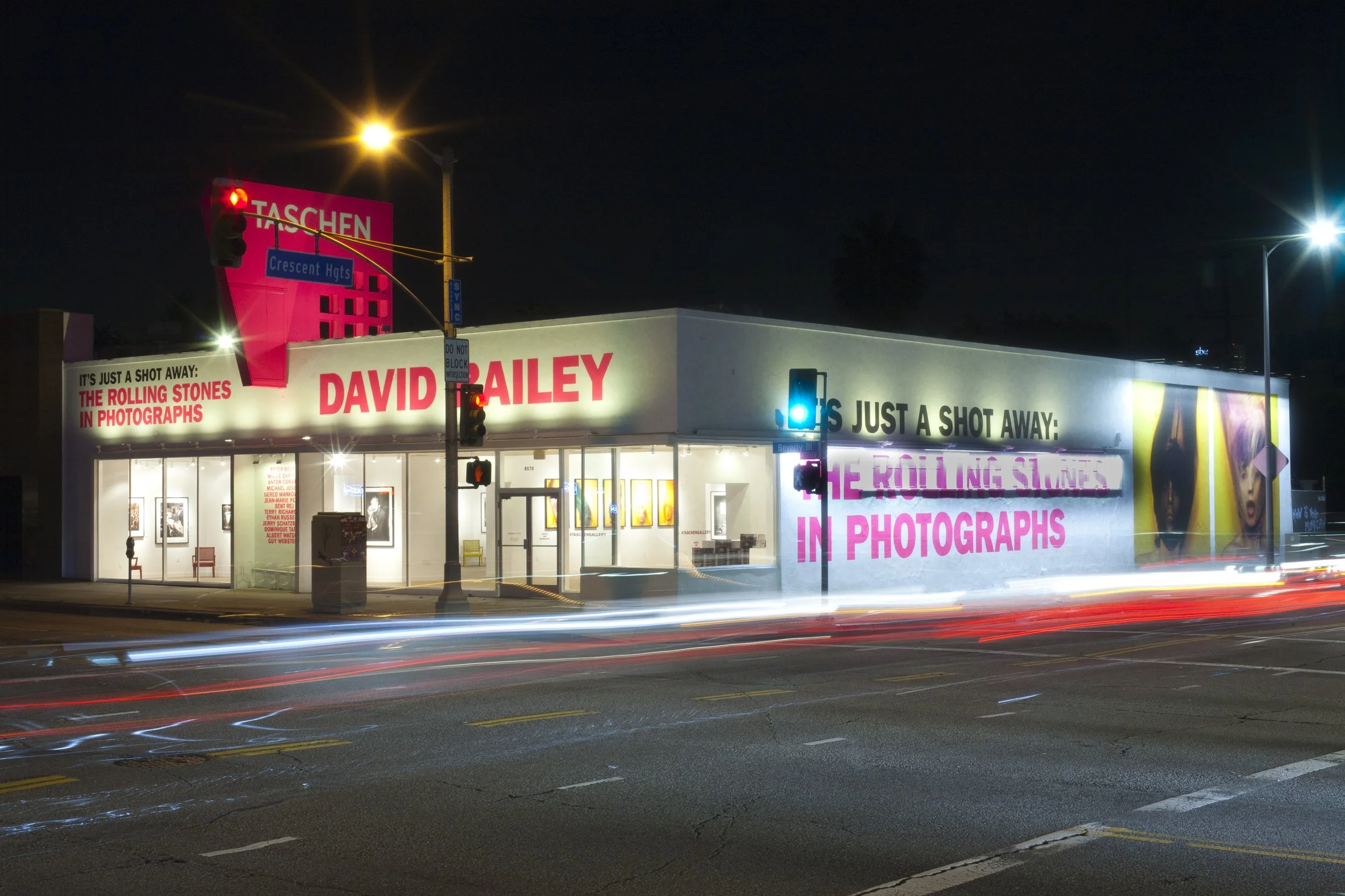 TASCHEN Gallery Los Angeles featuring Mick Rock's exhibition, "Shooting for Stardust: The Rise of David Bowie & Co." Exterior photograph by Gregory Bojorquez