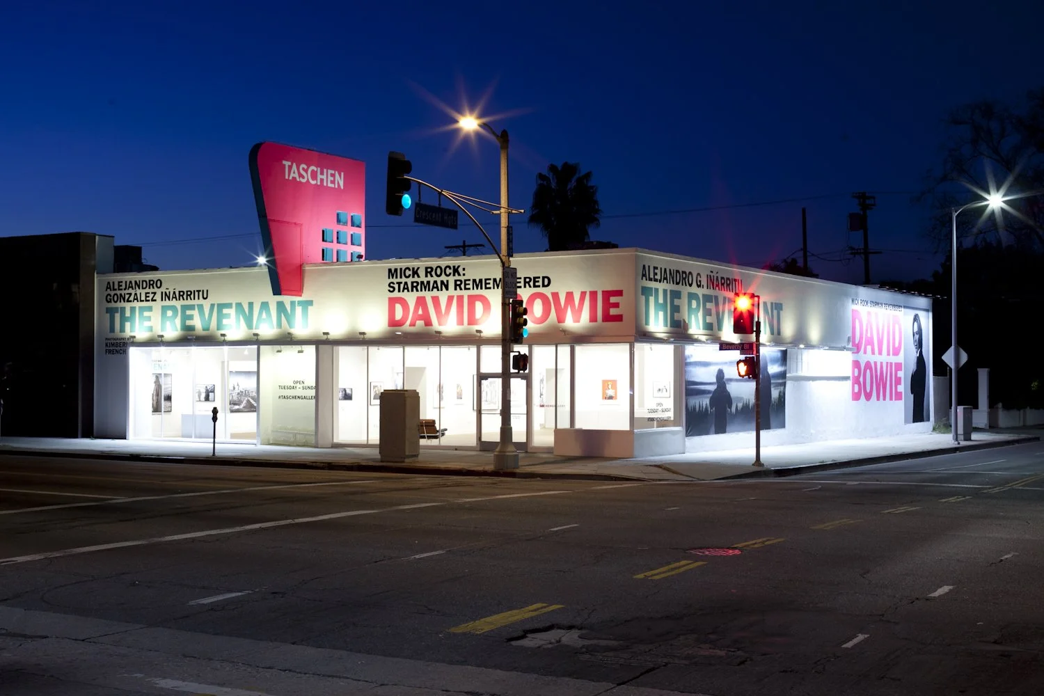 TASCHEN Gallery Los Angeles exterior featuring a dual exhibitions featuring Alejandro González Iñárritu: The Revenant and Mick Rock: Starman Remembered,  David Bowie. Exterior Photographs by Gregory Bojorquez.
