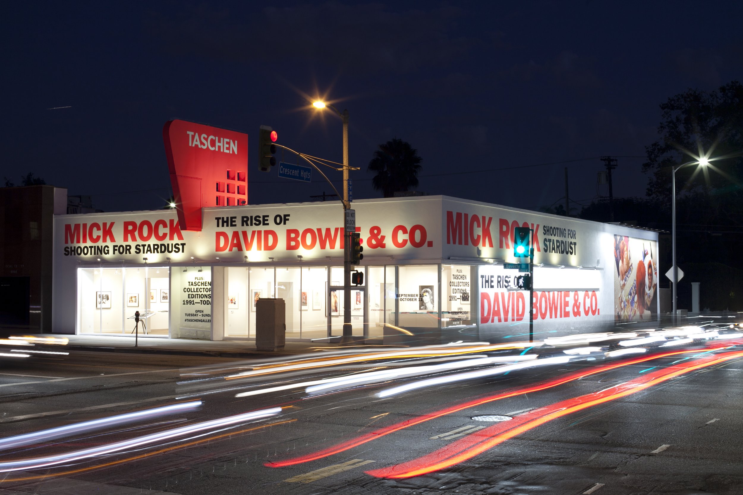 TASCHEN Gallery Los Angeles featuring Mick Rock's exhibition, "Shooting for Stardust: The Rise of David Bowie & Co." Exterior photograph by Gregory Bojorquez