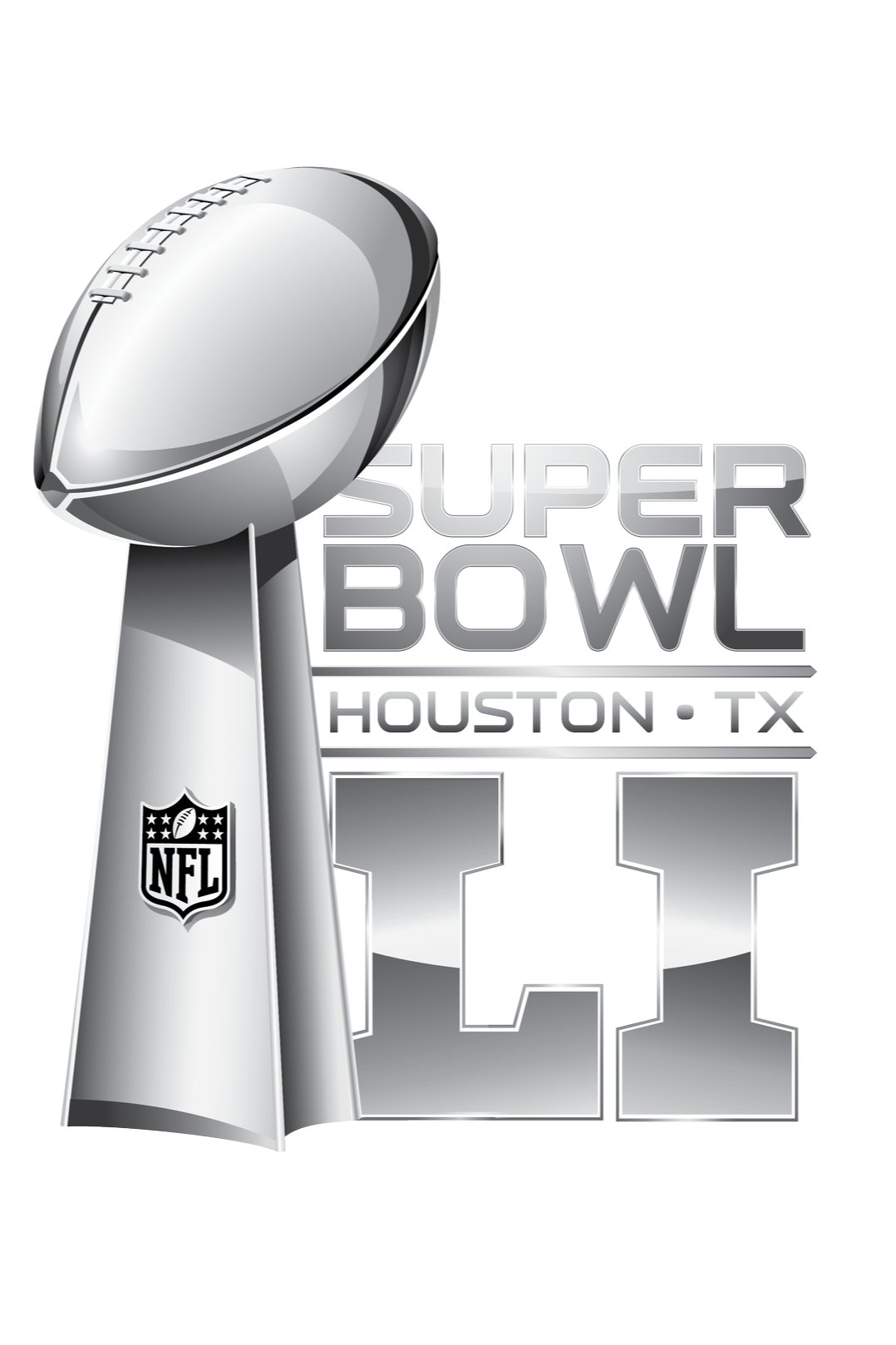 Super Bowl logo with a silver NFL trophy and the text 'Super Bowl Houston TX' in gray and black.