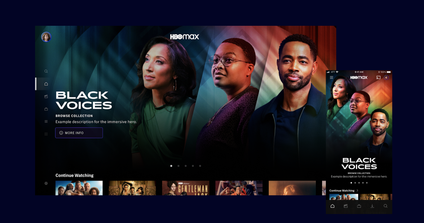 Screenshot of HBO Max app featuring the series "Black Voices" with images of four Black characters on a colorful background.
