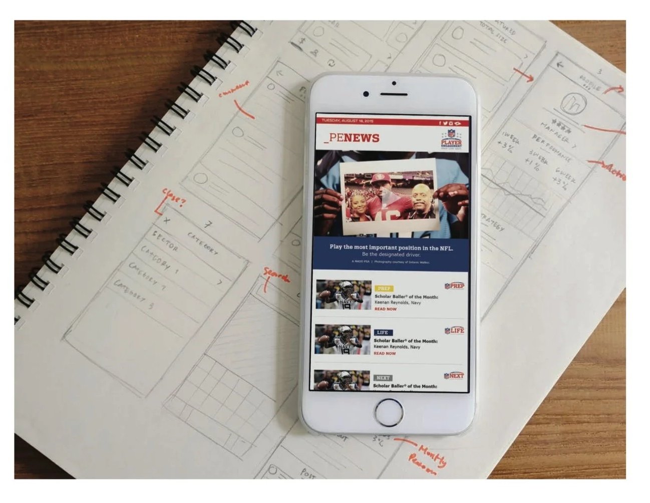Smartphone displaying sports news app on a desk with handwritten sketches and notes on paper.