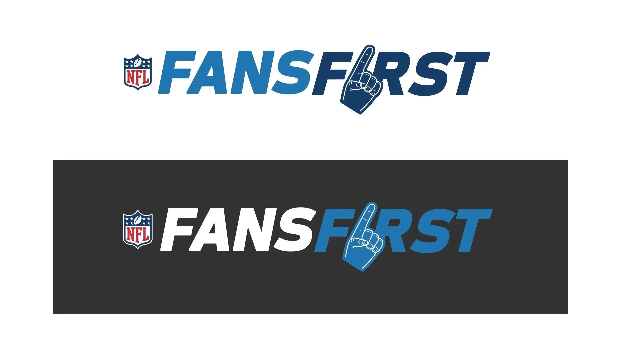 Two NFL FanFirst logos, one on a white background and one on a black background, featuring the NFL shield, the words FANS FIRST, and a raised index finger icon incorporated into the letter R.
