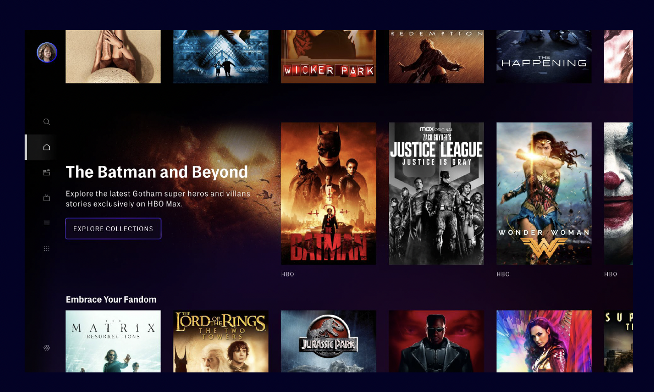 Streaming service interface featuring a selection of superhero and sci-fi TV shows and movies, including The Batman, Justice League, Wonder Woman, and The Lord of the Rings.