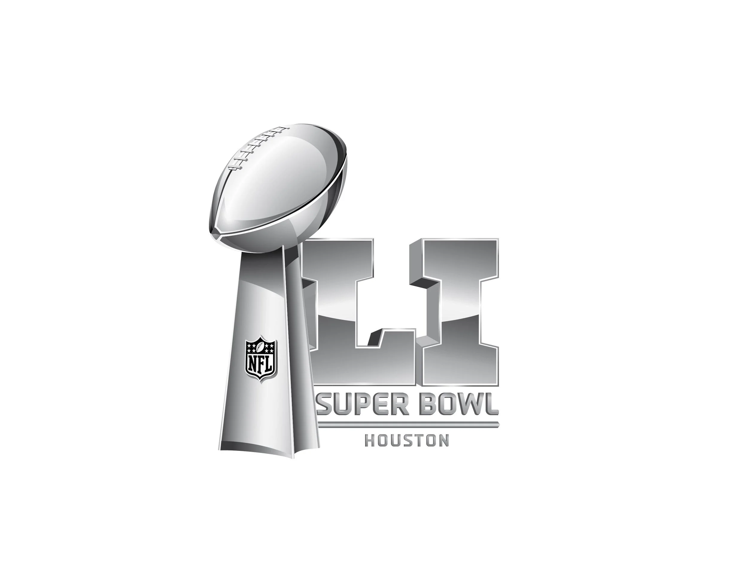 Super Bowl logo with a silver football and the NFL badge, text reading 'XLII SUPER BOWL HOUSTON' in a silver and black color scheme.