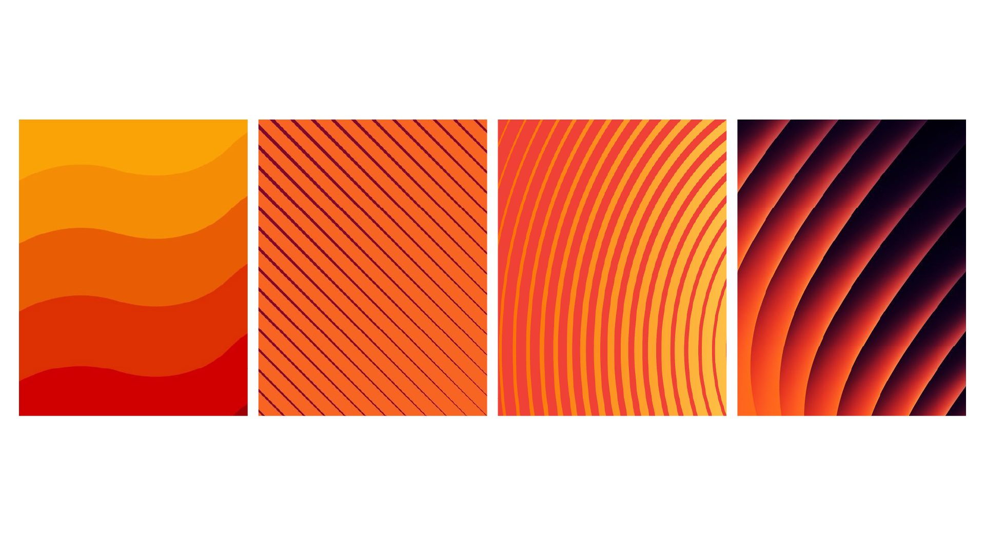 Collection of four abstract digital pattern designs with orange, red, yellow, and black color schemes, geometric shapes, lines, and concentric arcs.