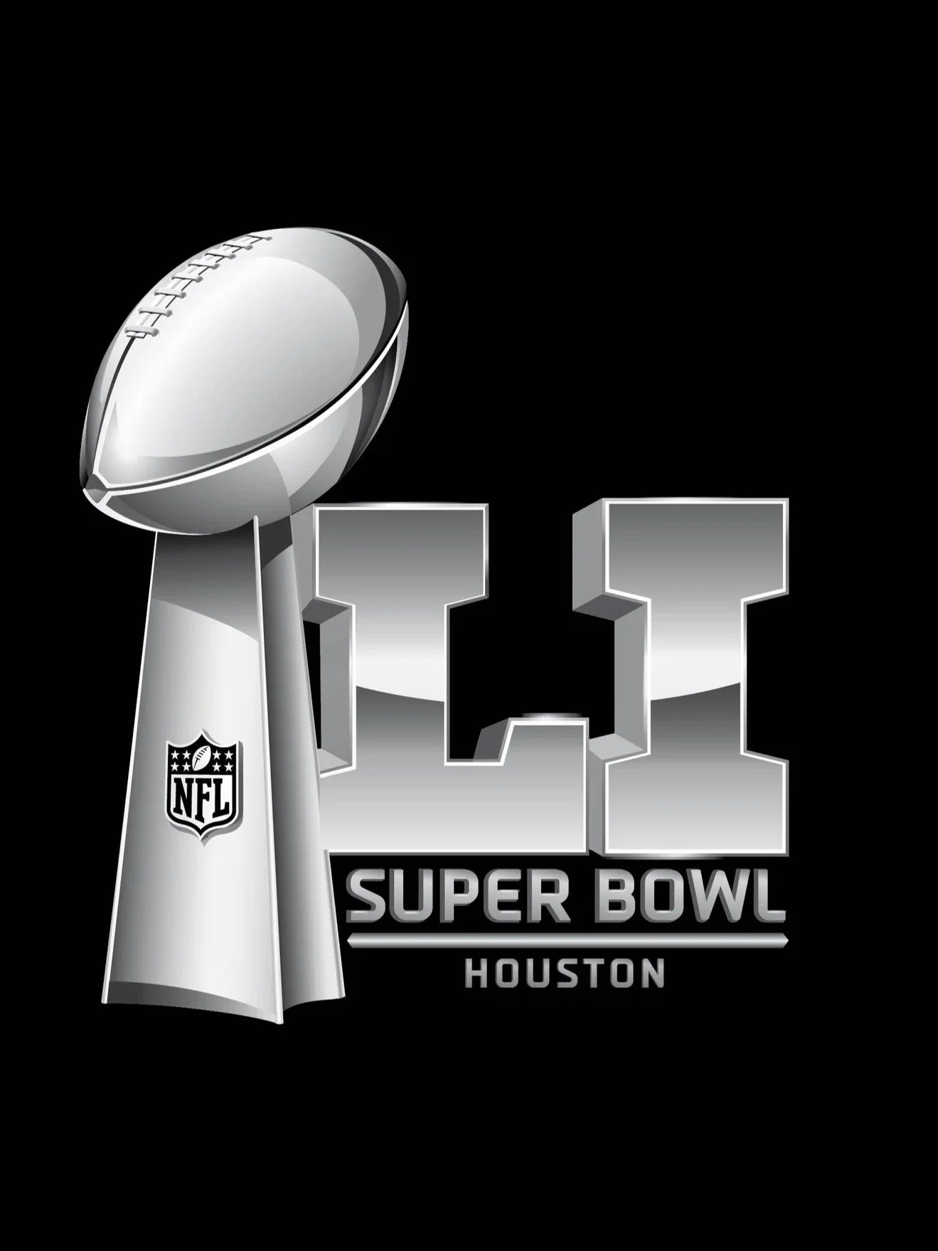 Black and white graphic celebrating Super Bowl 52 in Houston, featuring a football, the NFL logo, and large block letters spelling out "52" with "Super Bowl" and "Houston" below.