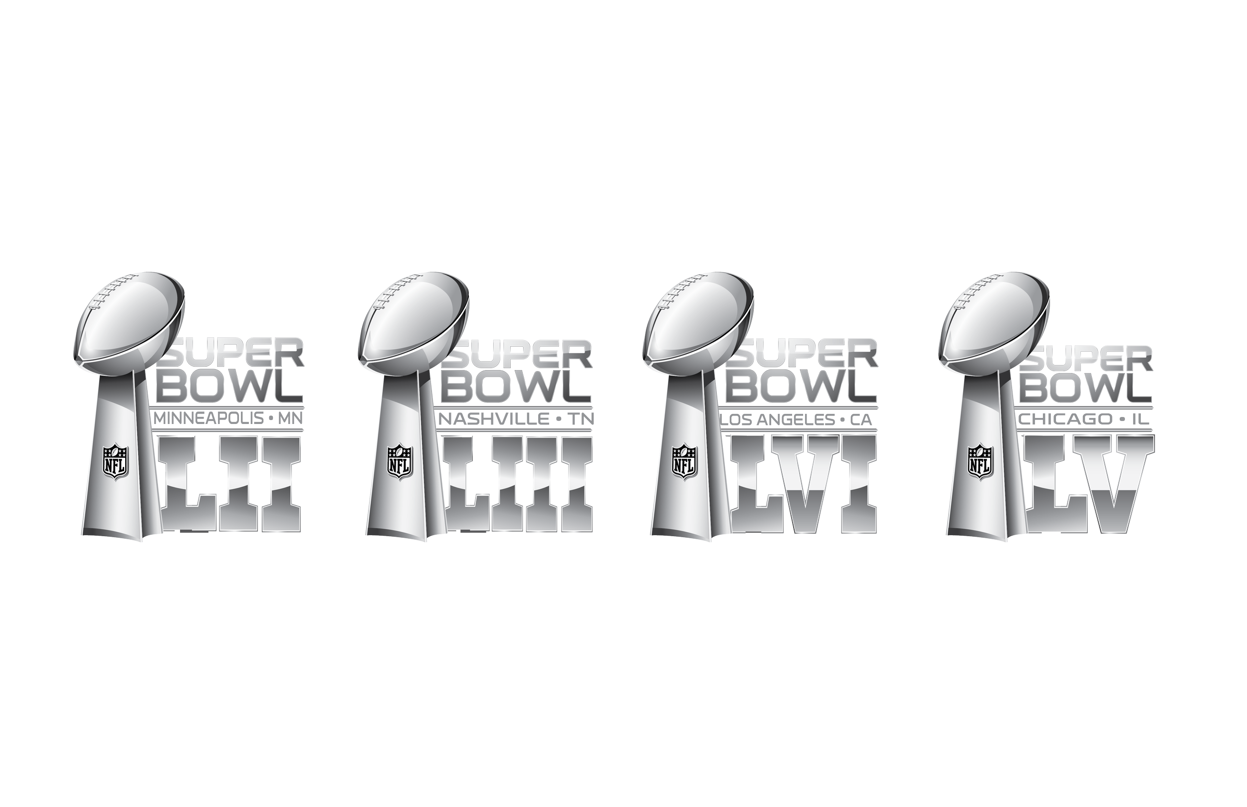 Super Bowl LV trophy with city names Minneapolis, Nashville, Los Angeles, Chicago at the base