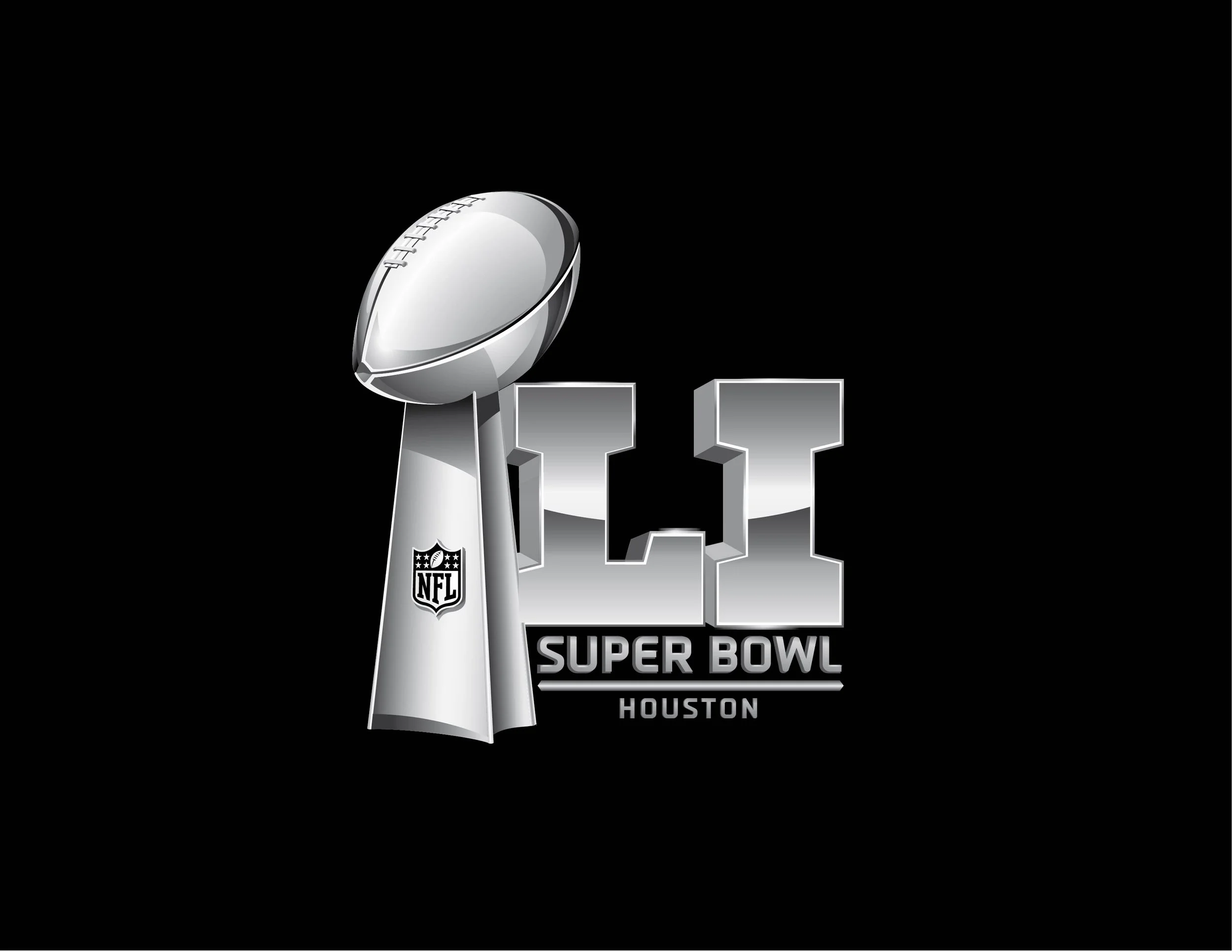 Super Bowl LIV logo with a silver football trophy to the left and the text 'L IV SUPER BOWL HOUSTON' on a black background.