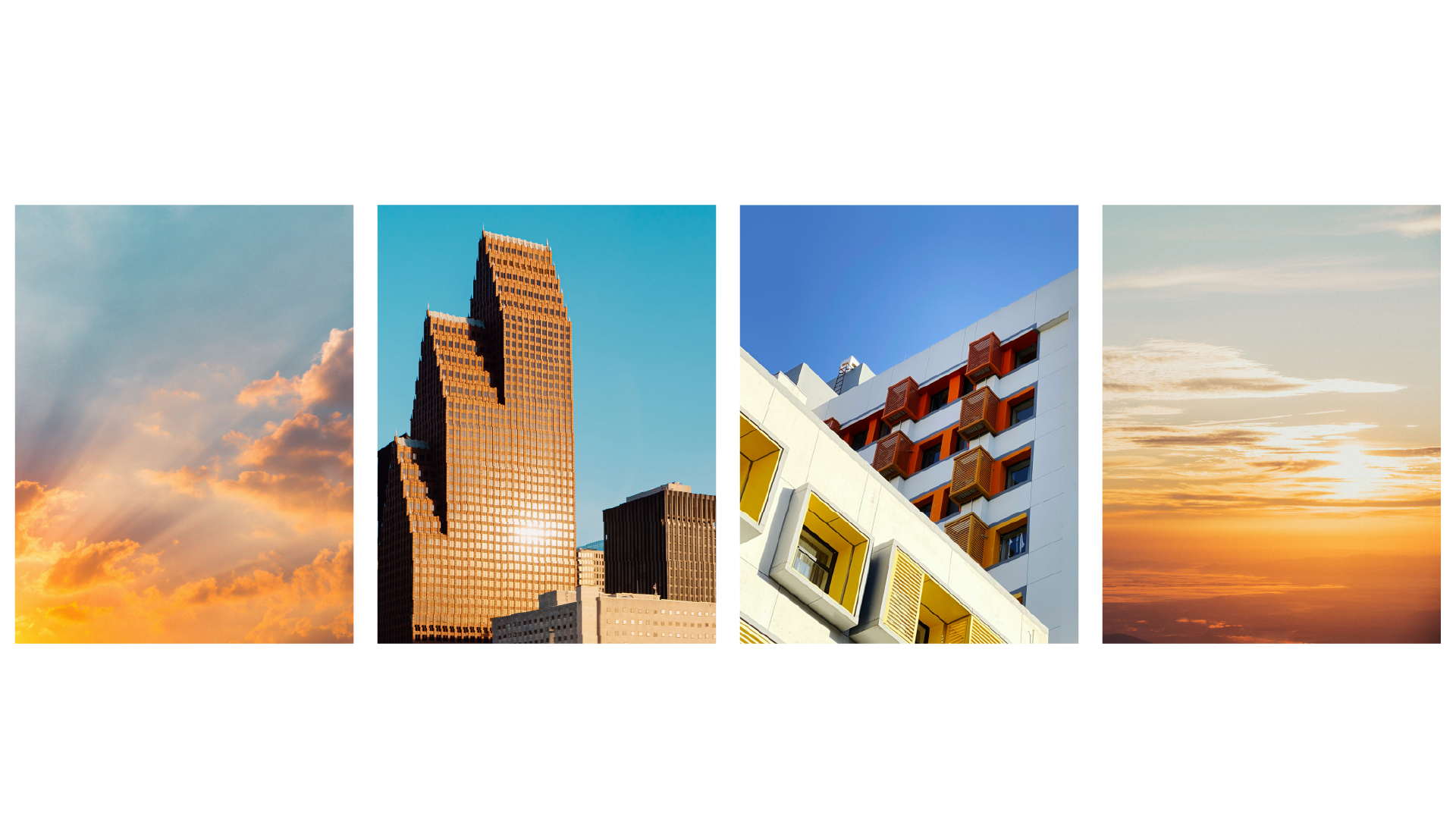 Series of four cityscape photos showing a sunset, a skyscraper, a modern building with colorful windows, and a sunset sky.