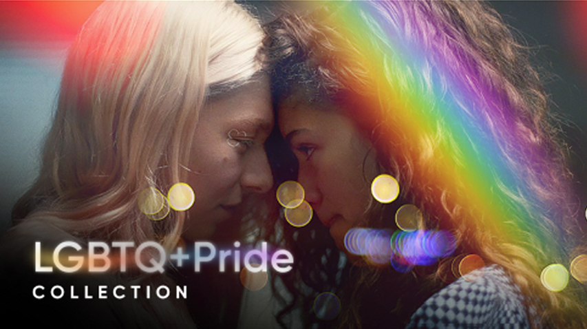 Two women with their foreheads touching, amidst rainbow and colorful light effects, with text reading 'LGBTQ+ Pride Collection'.