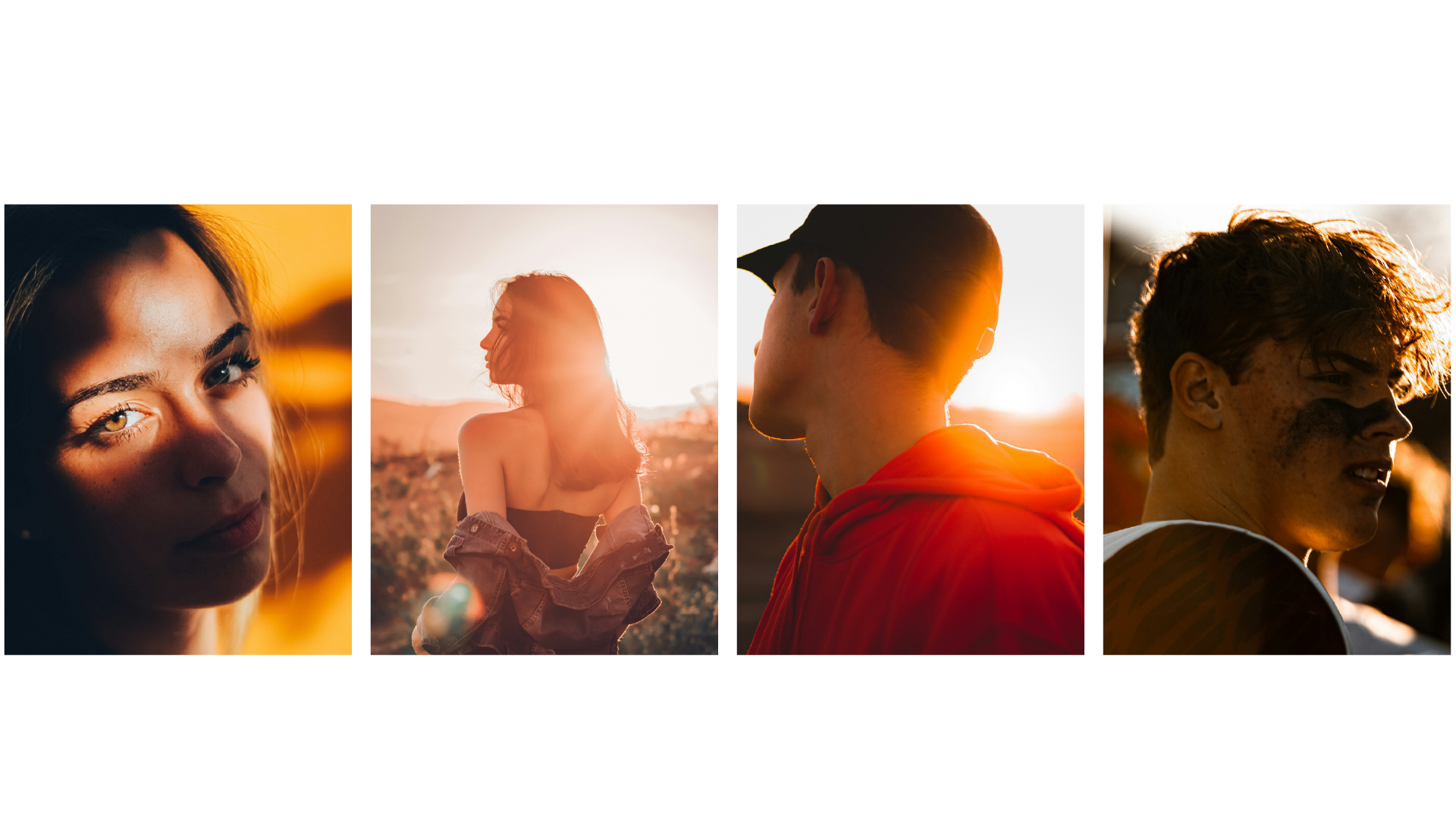 Collage of four young people in sunset lighting: woman with light brown hair and hazel eyes looking at camera, woman with long hair turned sideways looking away, man with short brown hair and baseball cap in profile, young man with curly hair and freckles in side profile with sunlight
