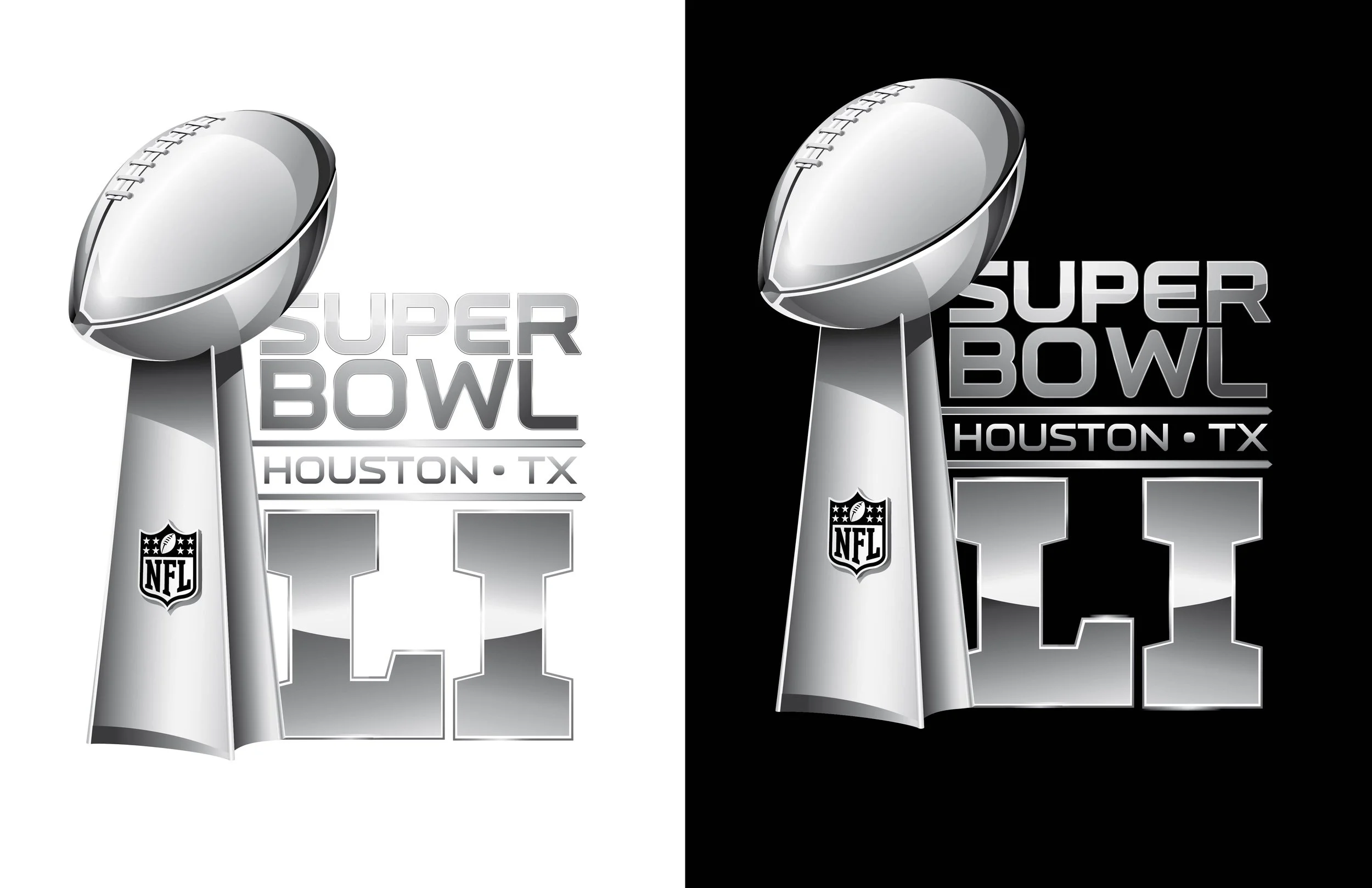 Comparison of Super Bowl LV logos, one on a white background and one on a black background, featuring the Vince Lombardi Trophy, the NFL logo, and the text 'Super Bowl Houston TX'