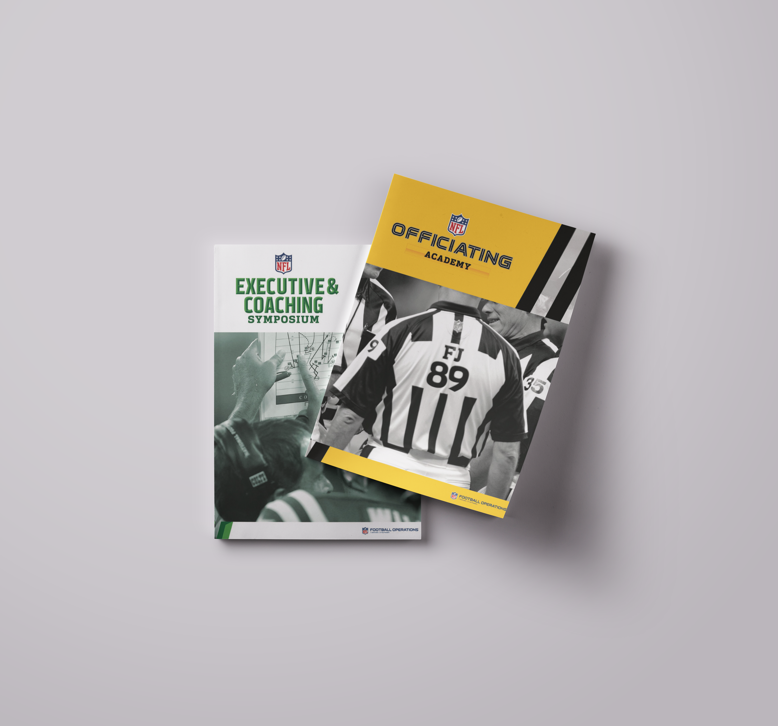 Two NFL coaching brochures, one titled 'Executive & Coaching Symposium' with a man pointing to a tablet screen, the other titled 'Officiating Academy' showing football referees.