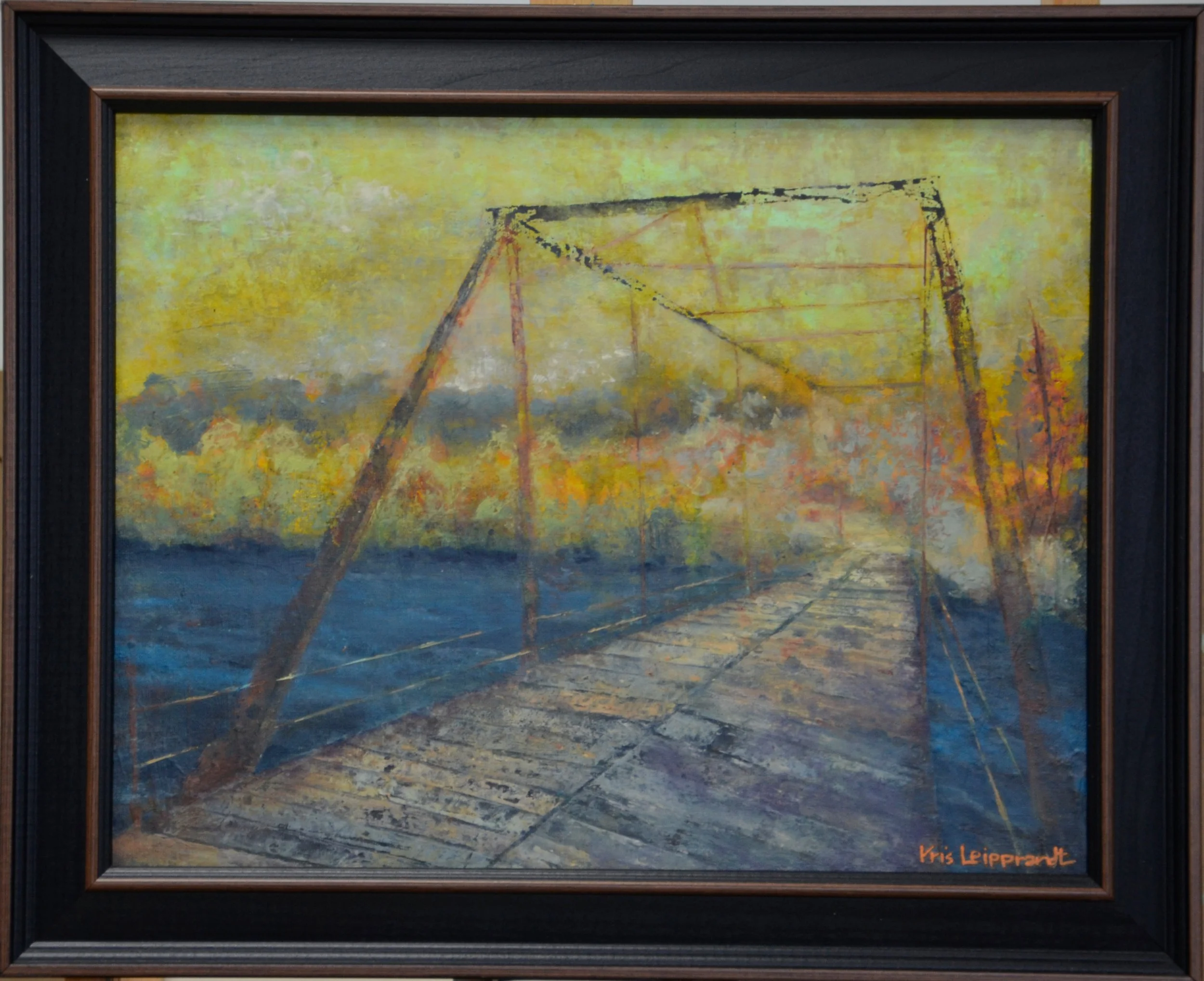 "Steel Bridge at Sunrise" - An early morning hike took me to the trail head where the sun was rising behind this iconic bridge. Acrylic on canvas framed in black, 20 x 16. $350