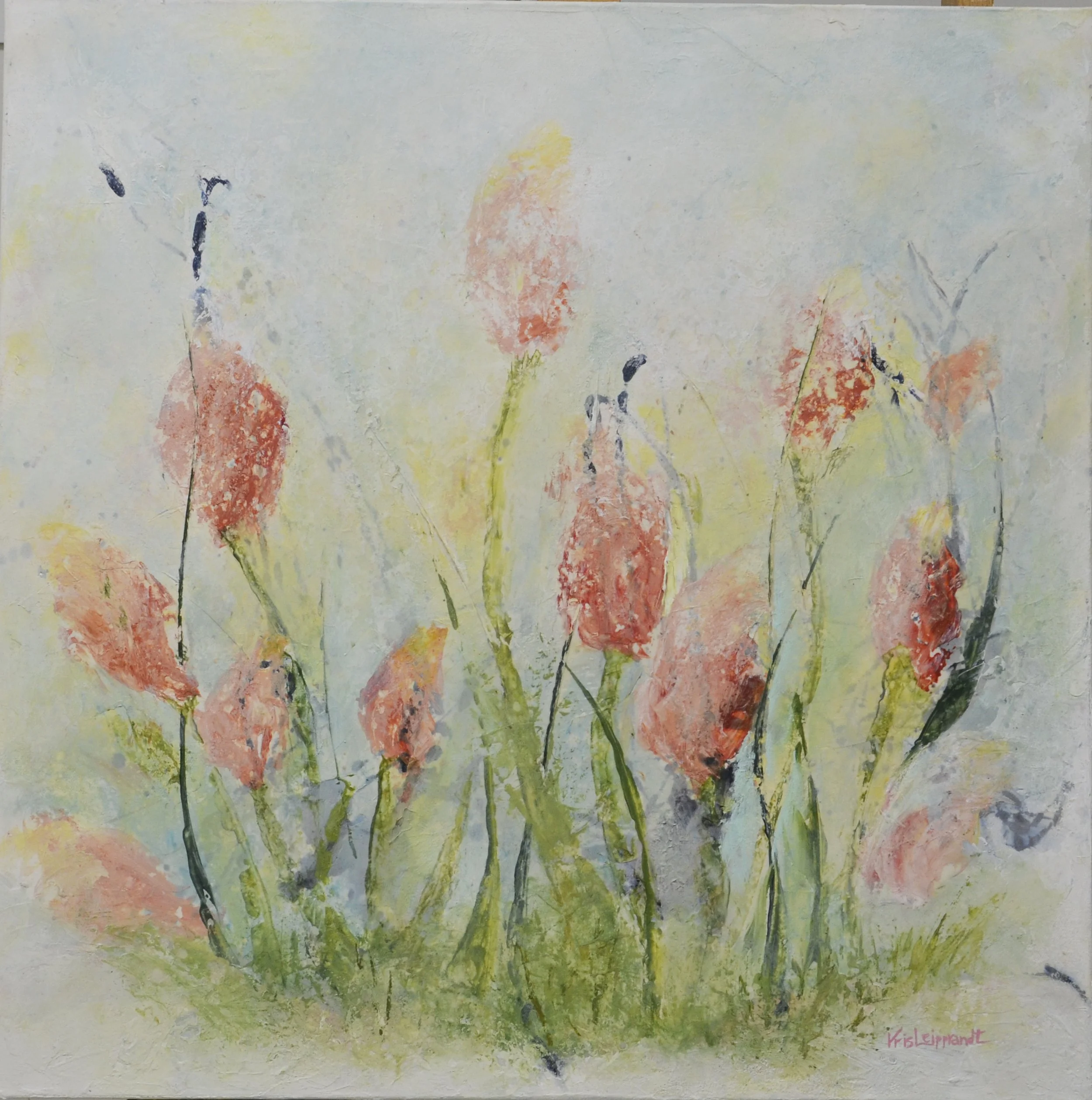 "Tulip Garden" Soft pink tulips in a flower bed. Acrylic on canvas 24 x 24. $350 SOLD