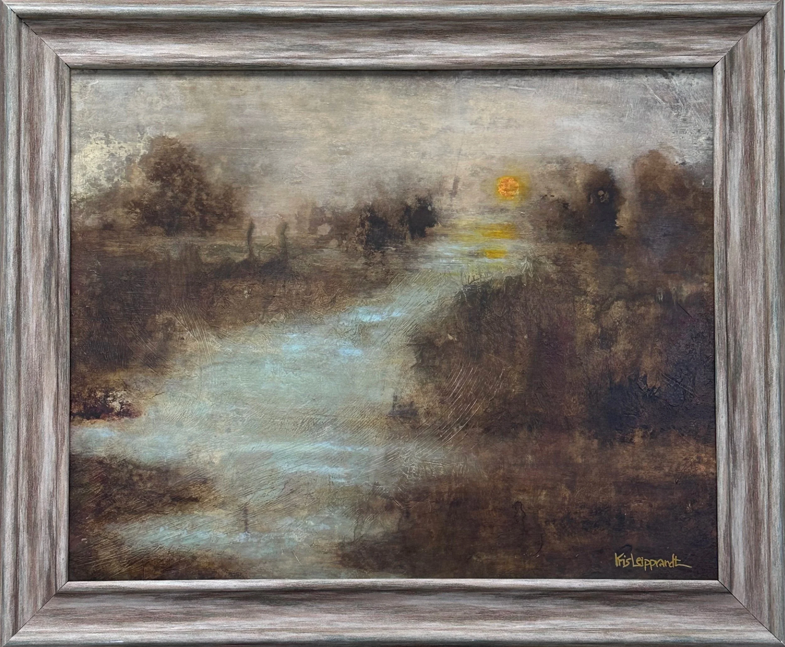 "Pinnebog River at Dusk" -  Stopped by the roadside to capture this moment as the sun was setting on the river. Acrylic on canvas framed, 16x20. $350