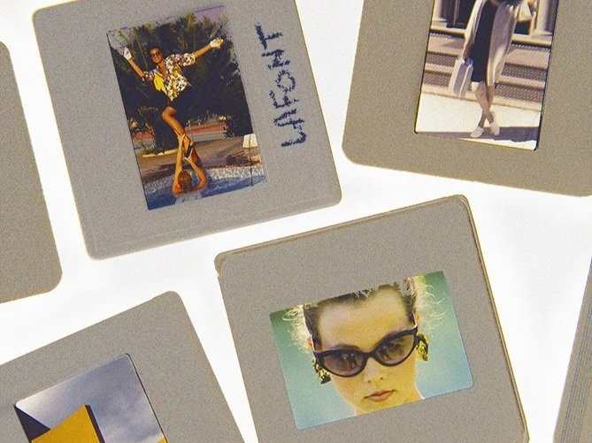 Collection of slide photographs featuring people in various poses and settings, some with sunglasses and fashionable clothing.