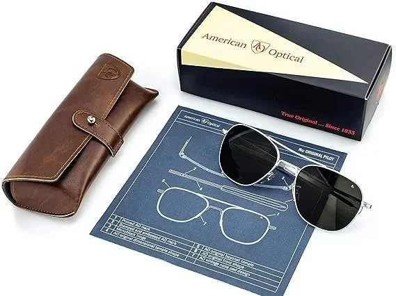 Sunglasses, a protective case, and a repair blueprint on a desk, with the box labeled 'American Optical' on the table.