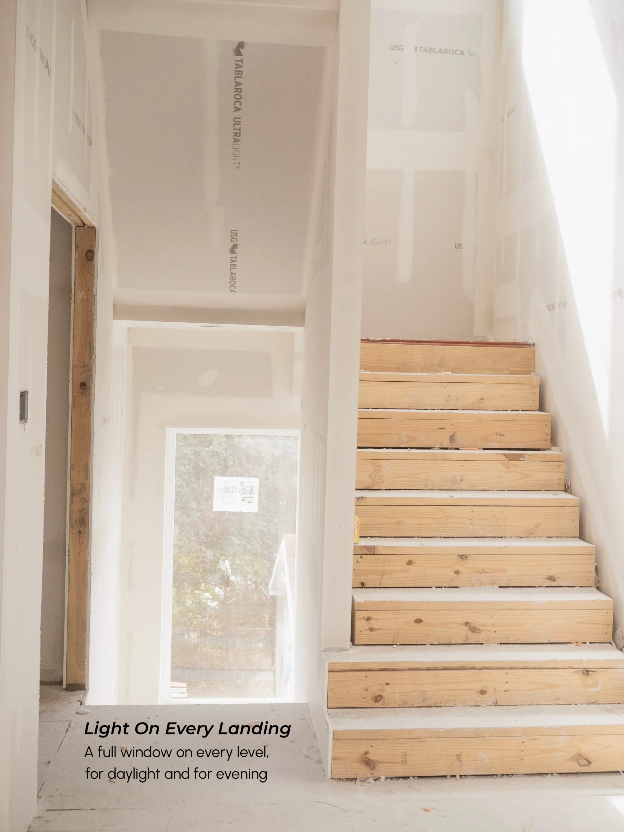 Sheetrock&rsquo;s up at Quitman, and this is the time when you can really walk through and feel the house. Light on every landing, ceilings that go up and keep going. Paint&rsquo;s not even on yet and we can already see ourselves hanging out in here.