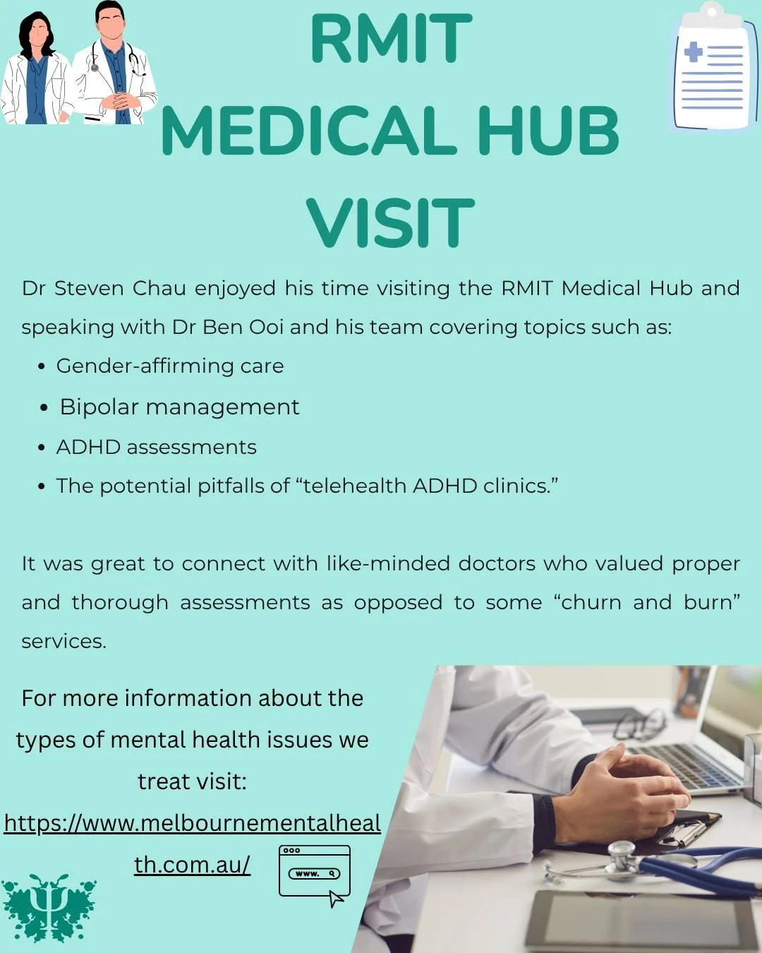 RMIT Medical Hub Visit
Dr Steven Chau enjoyed his time visiting the RMIT Medical Hub and speaking with Dr Ben Ooi and his team covering topics such as gender-affirming care, bipolar management, ADHD assessments and the potential pitfalls of &ldquo;te