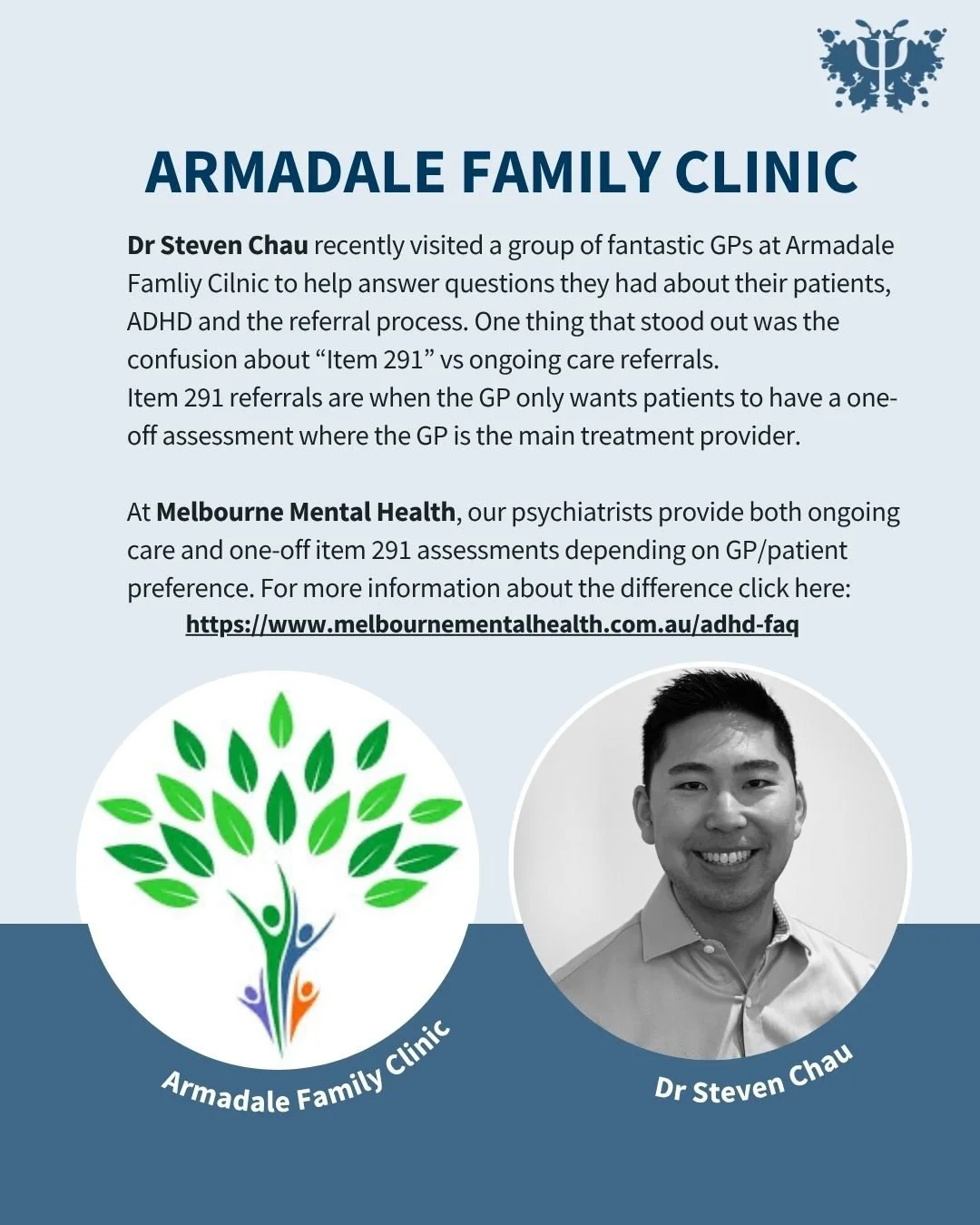 Armadale Family Clinic

Dr Steven Chau recently visited a group of fantastic GPs at Armadale Famliy Cilnic to help answer questions they had about their patients, ADHD and the referral process. One thing that stood out was the confusion about &ldquo;