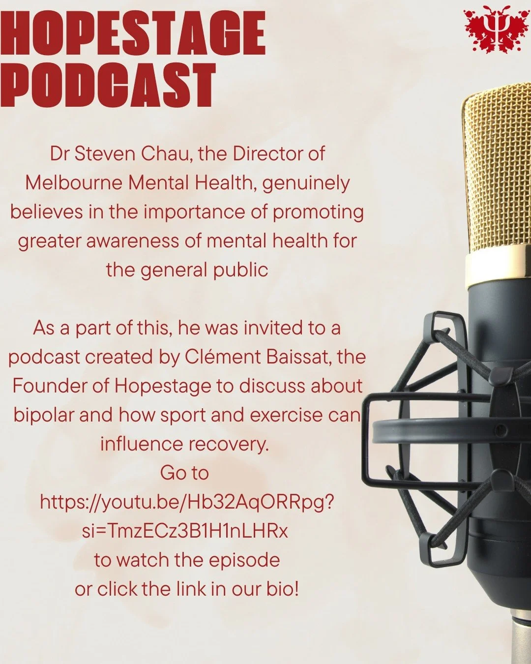 Hopestage Podcast
Dr Steven Chau, the Director of Melbourne Mental Health, genuinely believes in the importance of promoting greater awareness of mental health for the general public and as a part of this, he was invited to a podcast created by Cl&ea