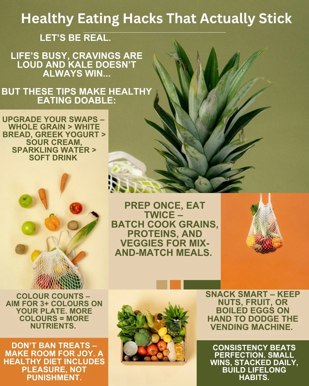 Healthy Eating Hacks That Actually Stick
Let&rsquo;s be real. Life&rsquo;s busy, cravings are loud and kale doesn&rsquo;t always win but these tips make healthy eating doable:
Prep once, eat twice &ndash; Batch cook grains, proteins, and veggies for 