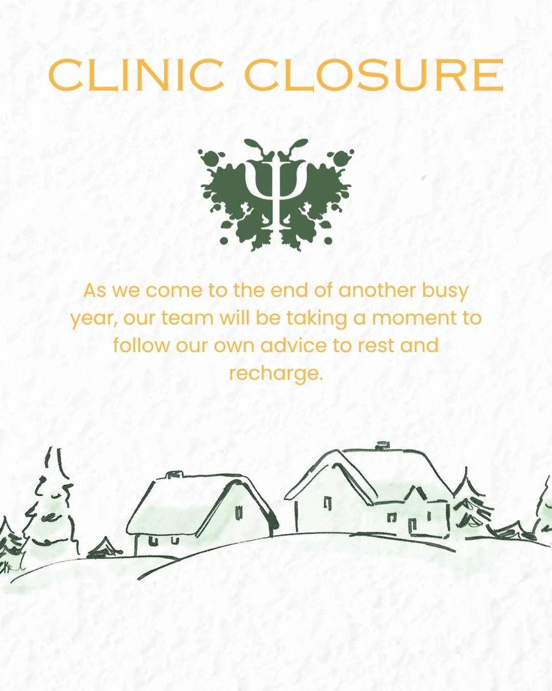 Clinic Closure!
As we come to the end of another busy year, our team will be taking a moment to follow our own advice to rest and recharge.
Our clinic will be closed from 19/12/25 and reopen on Monday 05/01/26. This means it will take longer to proce