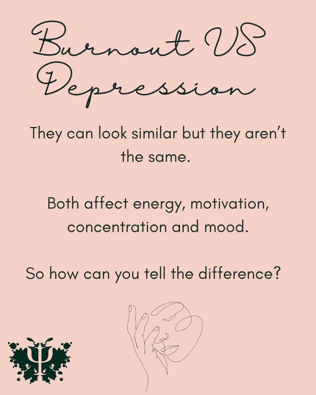 Burnout vs Depression.

They can look similar but they aren't the same.

Both can affect your energy, motivation, concentration and mood.

So how can you tell the difference?

#MentalHealthMelbourne #NewBeginnings #MelbourneHealth #MentalHealthMatter