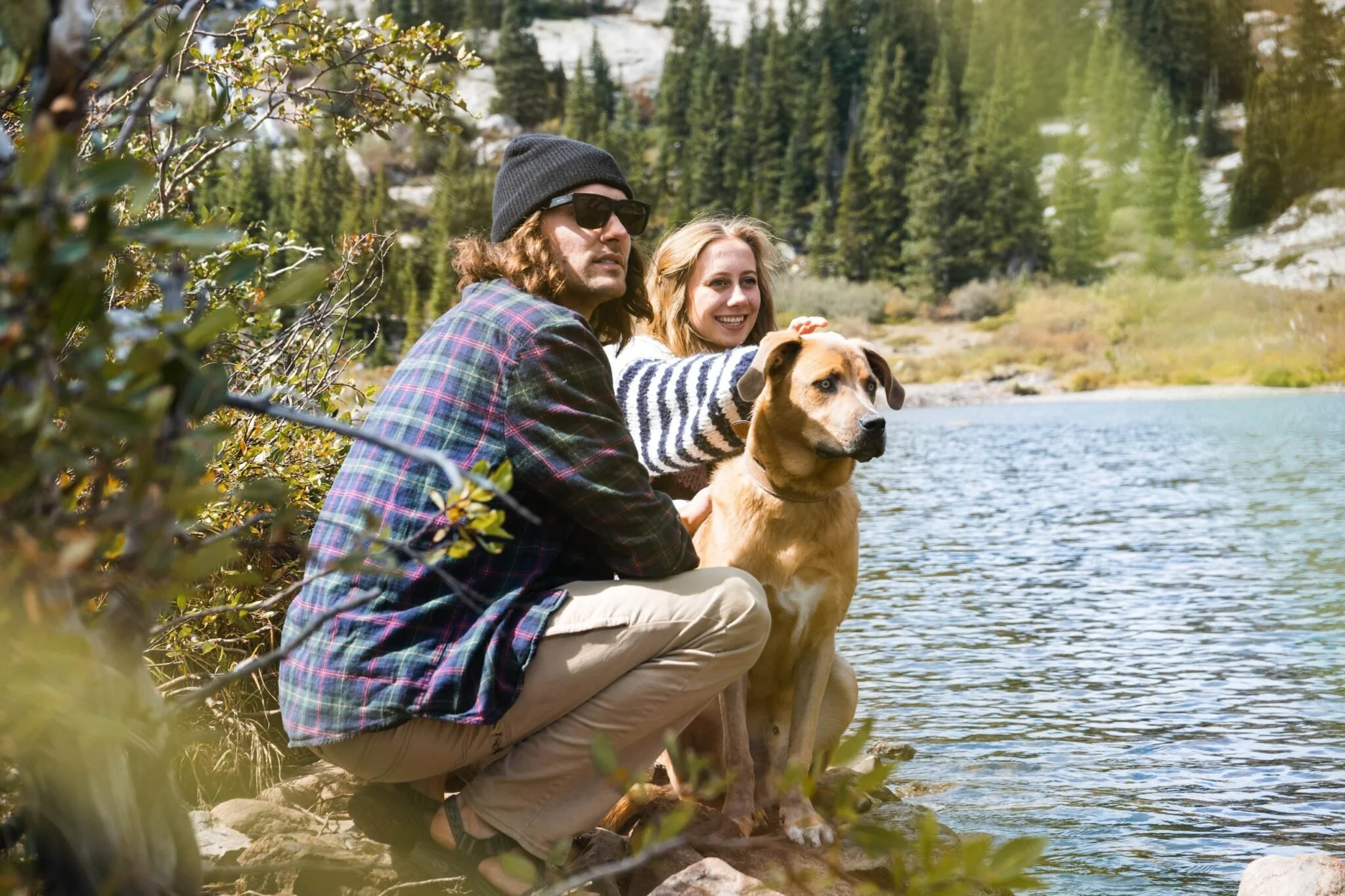 Dog trainer and dog owner training their dog by the lake