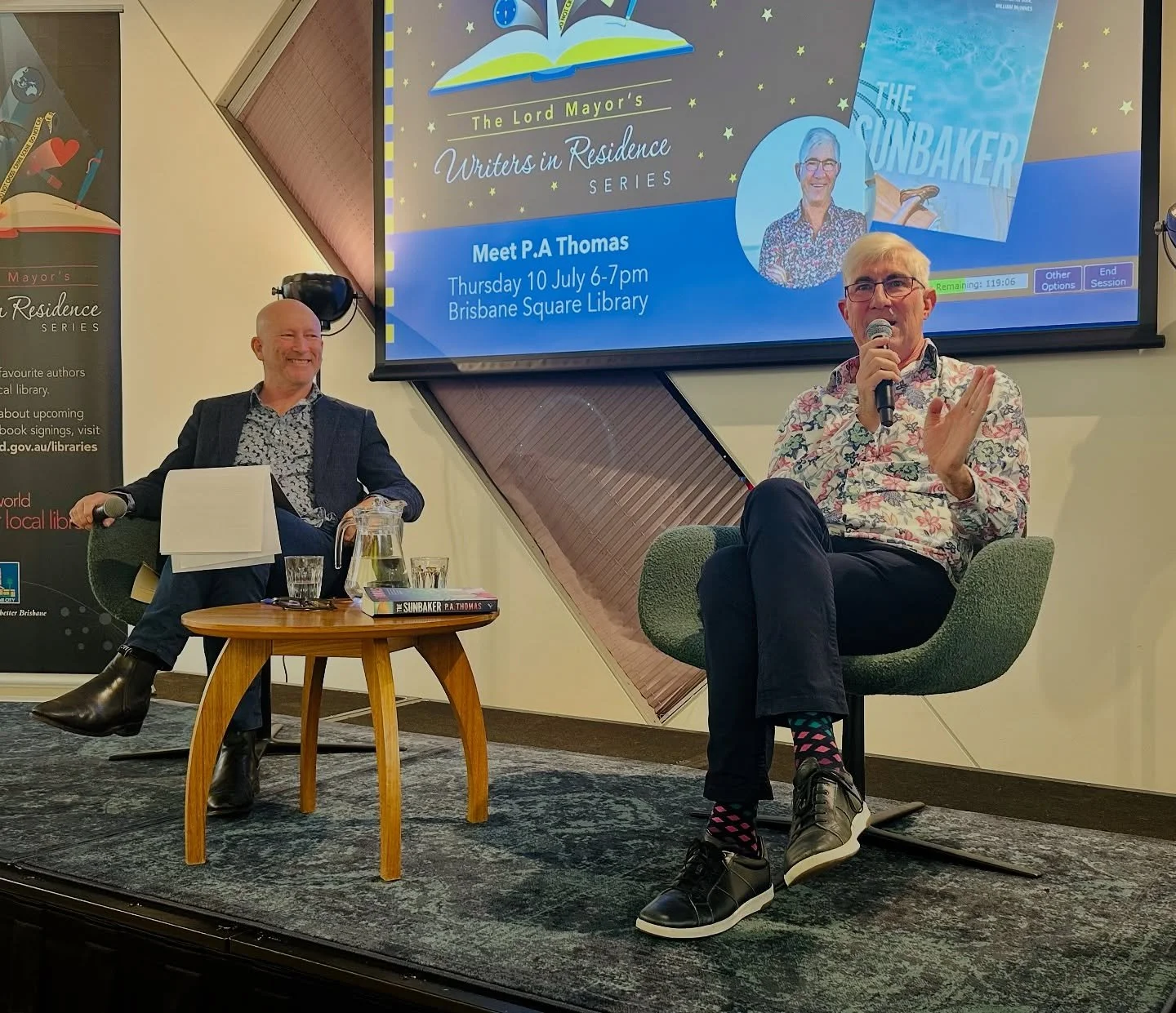 Scenes from a celebration&hellip;
What a thrill it was to see dear @pathomas.writer interviewed by the lovely @warrenkward last night about Paul&rsquo;s second book, the murder mystery romp The Sunbaker.
Huge congratulations Paul!