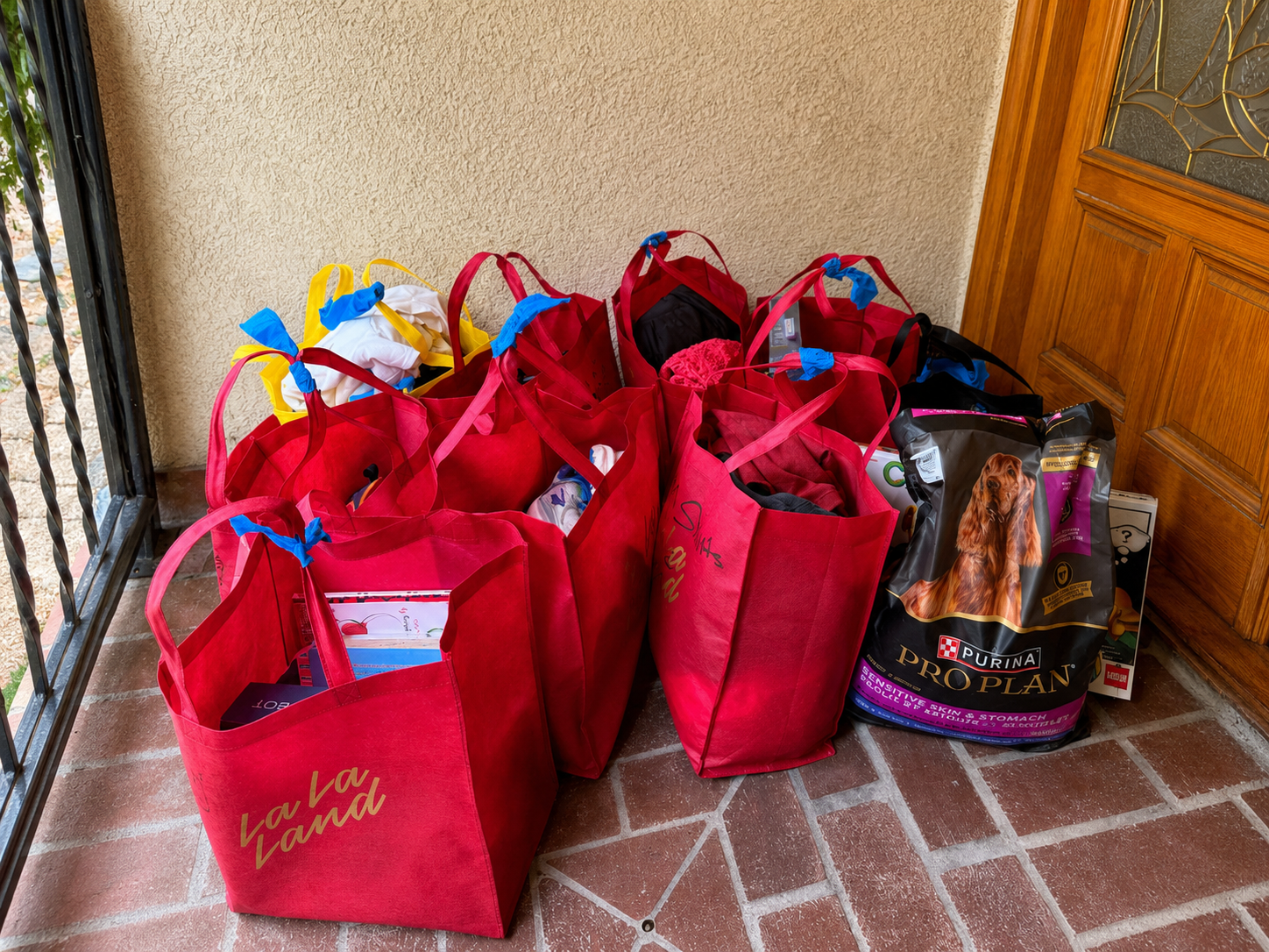 Bags filled with donated clothing and essentials, along with pet food, delivered to a wildfire-affected household.